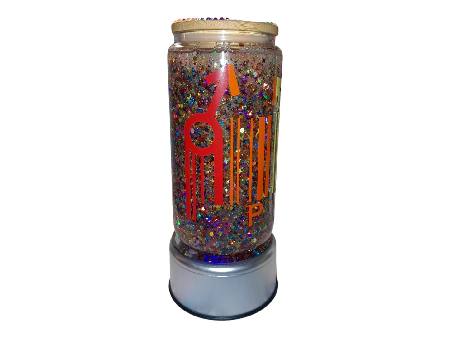 Pride Barcode Rainbow Glitter Snowglobe Tumbler, 12 Oz Glass Libbey Can Cup With Hand Bedazzled Bamboo Lid And Plastic Straw - Moon & Starr Handcrafted Jewelry && More!