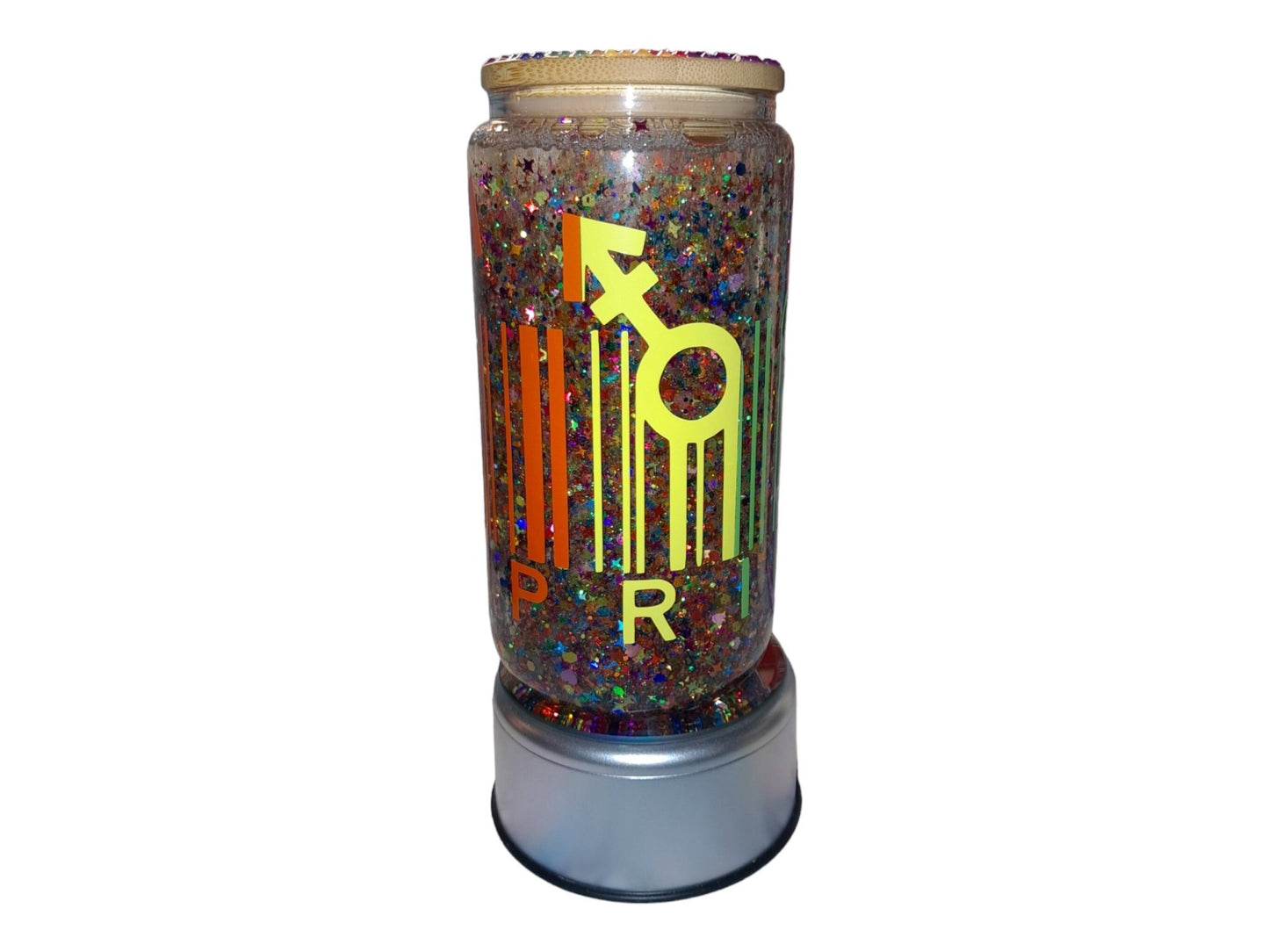 Pride Barcode Rainbow Glitter Snowglobe Tumbler, 12 Oz Glass Libbey Can Cup With Hand Bedazzled Bamboo Lid And Plastic Straw - Moon & Starr Handcrafted Jewelry && More!