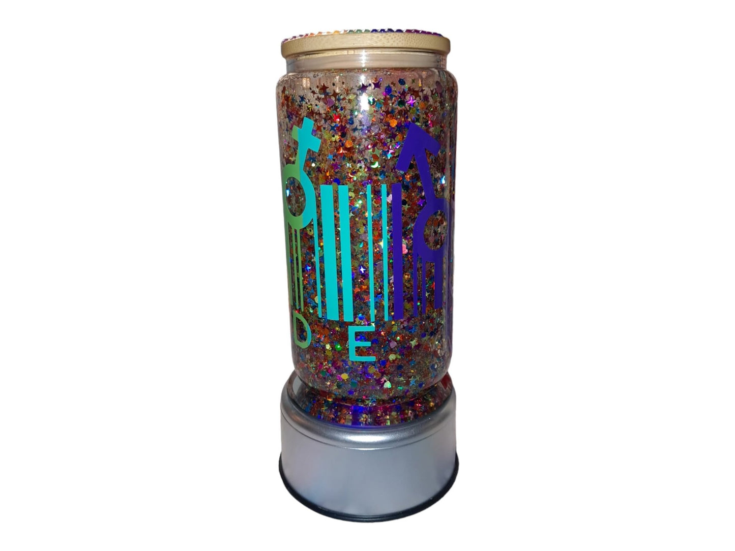 Pride Barcode Rainbow Glitter Snowglobe Tumbler, 12 Oz Glass Libbey Can Cup With Hand Bedazzled Bamboo Lid And Plastic Straw - Moon & Starr Handcrafted Jewelry && More!