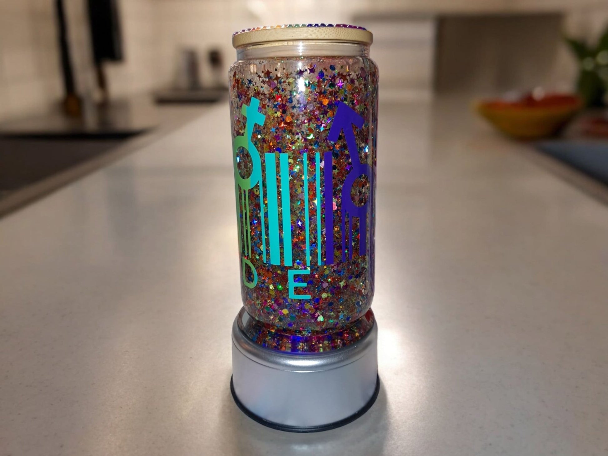 Pride Barcode Rainbow Glitter Snowglobe Tumbler, 12 Oz Glass Libbey Can Cup With Hand Bedazzled Bamboo Lid And Plastic Straw - Moon & Starr Handcrafted Jewelry && More!