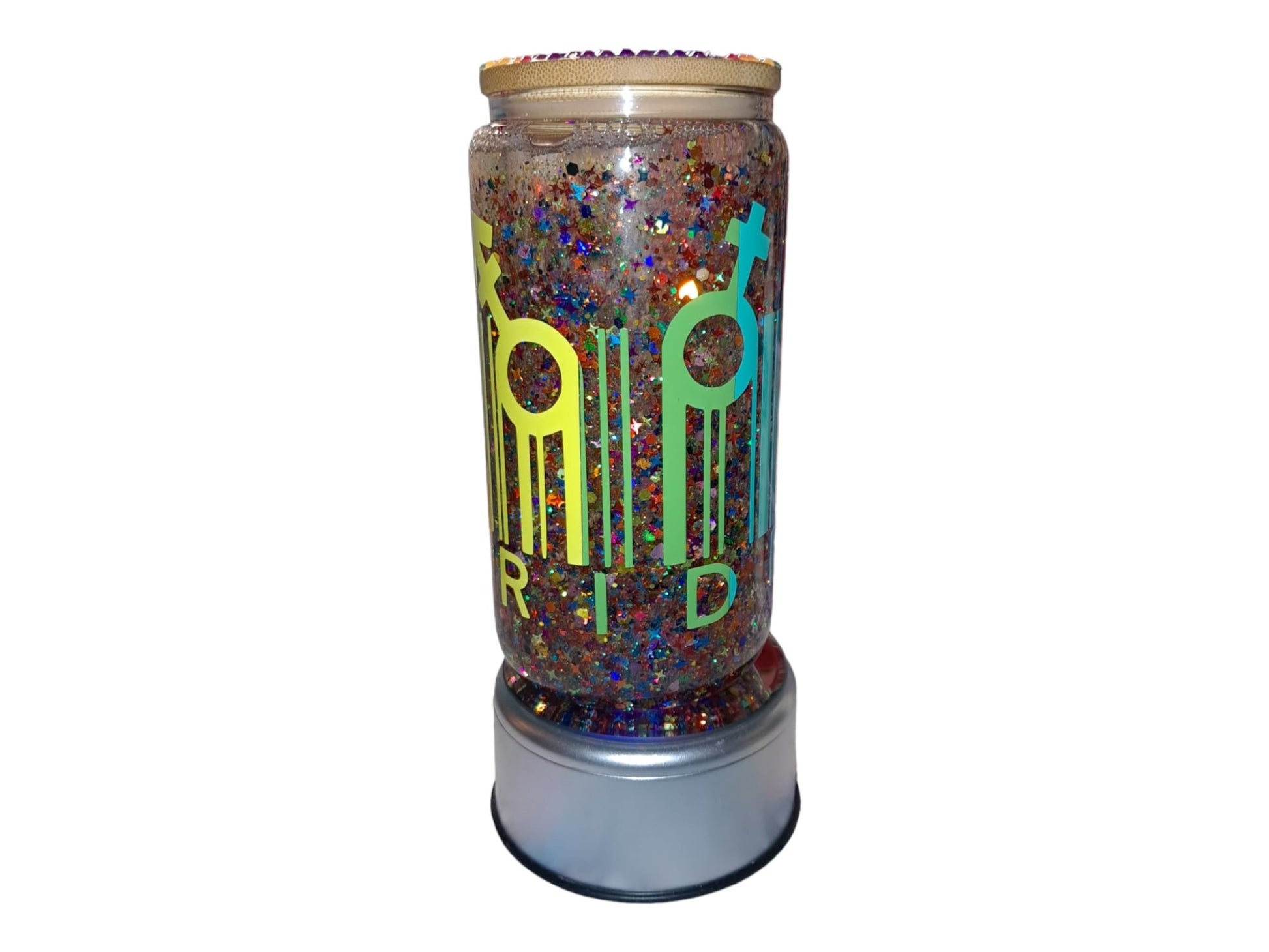 Pride Barcode Rainbow Glitter Snowglobe Tumbler, 12 Oz Glass Libbey Can Cup With Hand Bedazzled Bamboo Lid And Plastic Straw - Moon & Starr Handcrafted Jewelry && More!