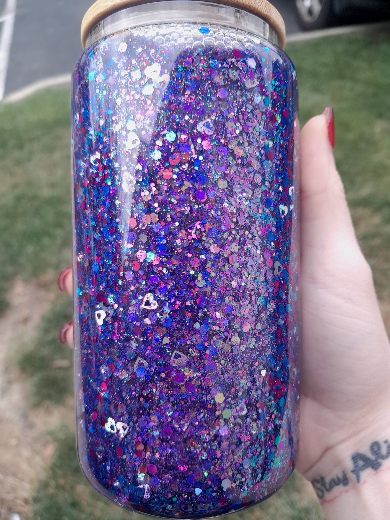 Red Blue Color Shift and Silver Heart Snowglobe Tumbler, 12 oz Glass Glitter Filled Drink Cup With Bamboo Lid And Plastic Straw - Moon & Starr Handcrafted LLC