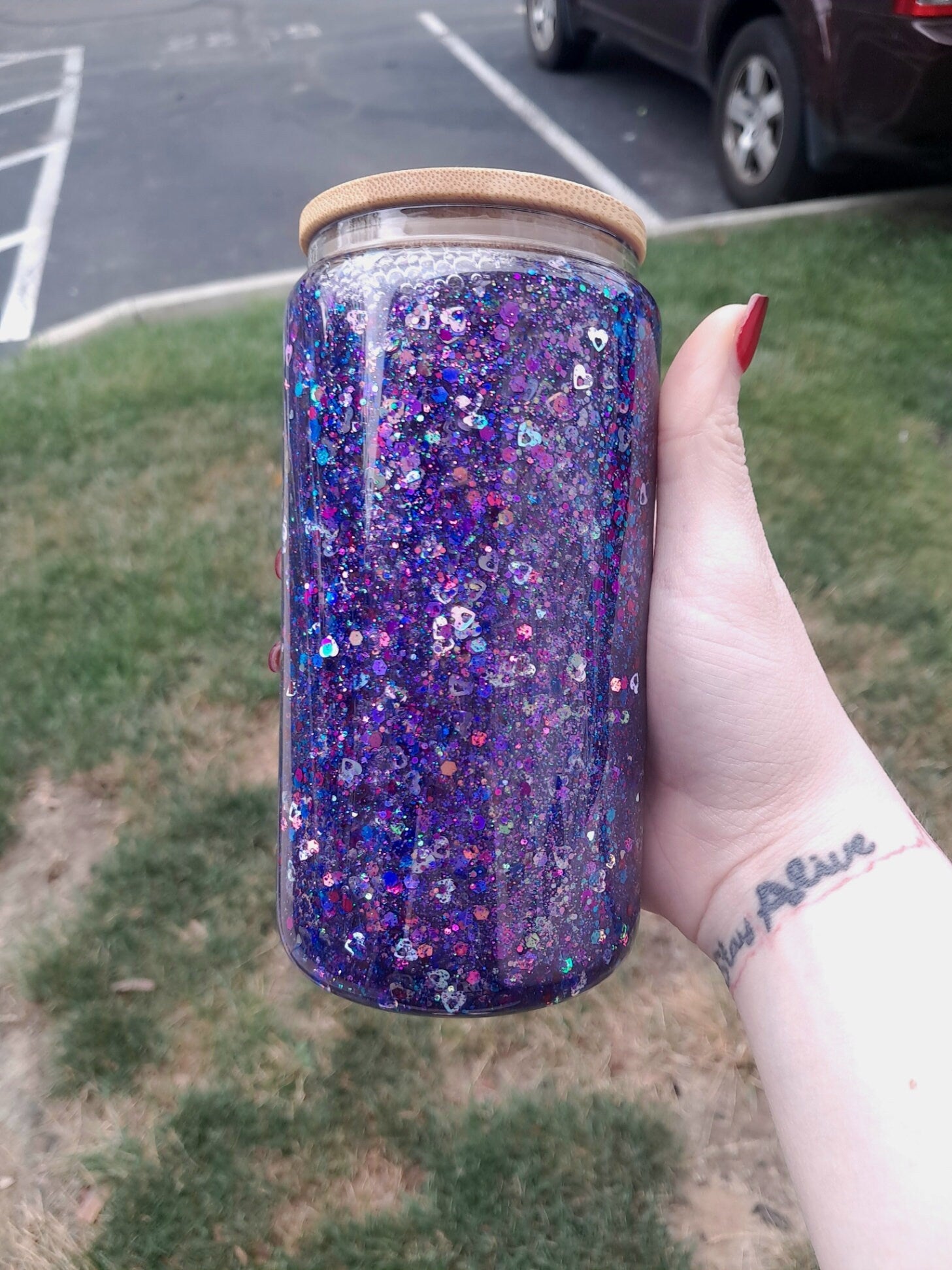 Red Blue Color Shift and Silver Heart Snowglobe Tumbler, 12 oz Glass Glitter Filled Drink Cup With Bamboo Lid And Plastic Straw - Moon & Starr Handcrafted LLC