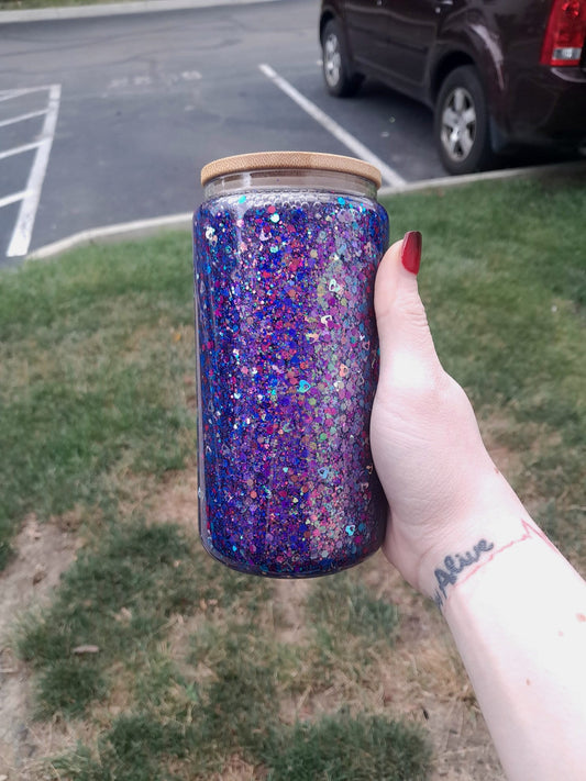 Red Blue Color Shift and Silver Heart Snowglobe Tumbler, 12 oz Glass Glitter Filled Drink Cup With Bamboo Lid And Plastic Straw - Moon & Starr Handcrafted LLC