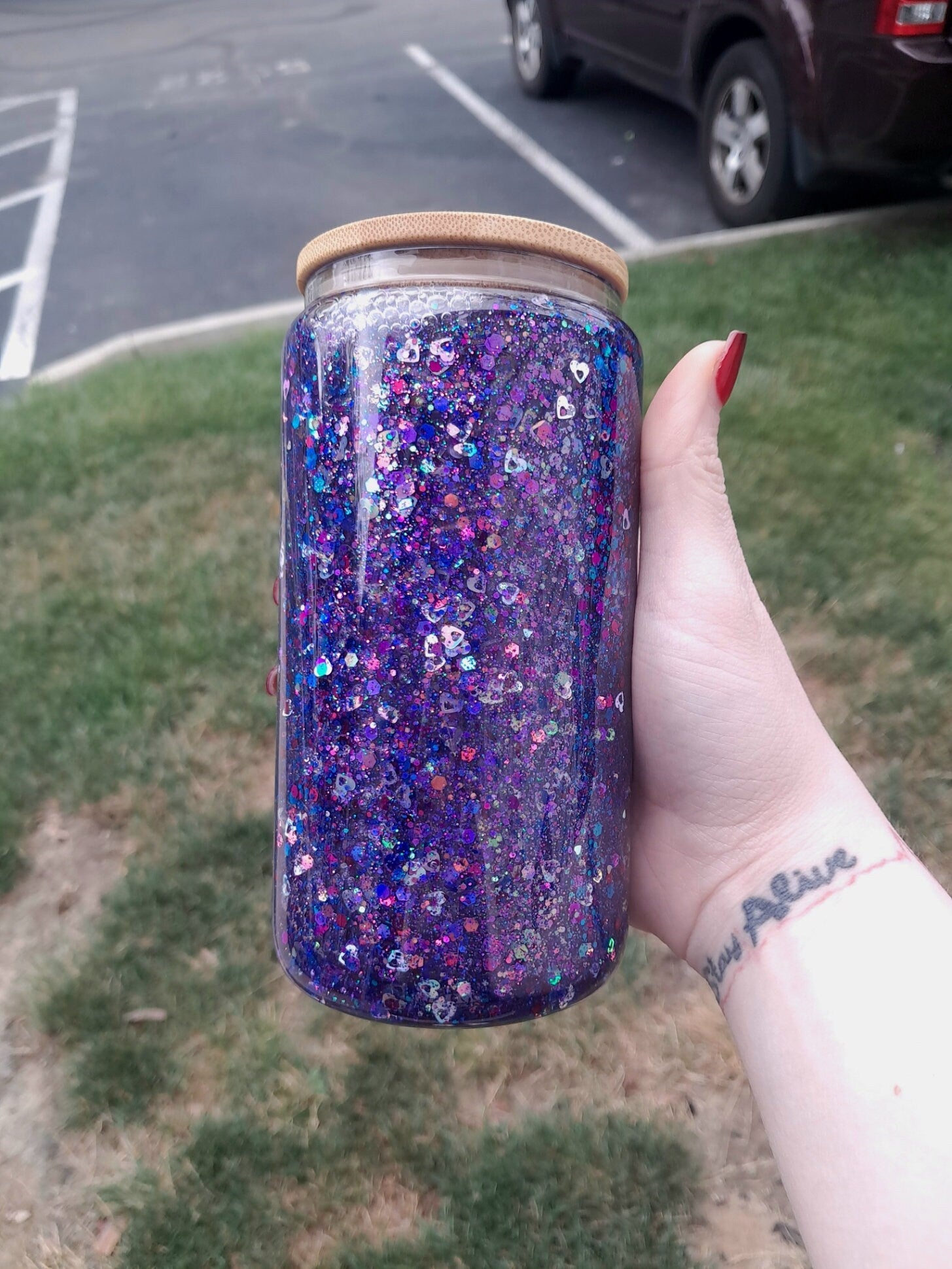 Red Blue Color Shift and Silver Heart Snowglobe Tumbler, 12 oz Glass Glitter Filled Drink Cup With Bamboo Lid And Plastic Straw - Moon & Starr Handcrafted LLC