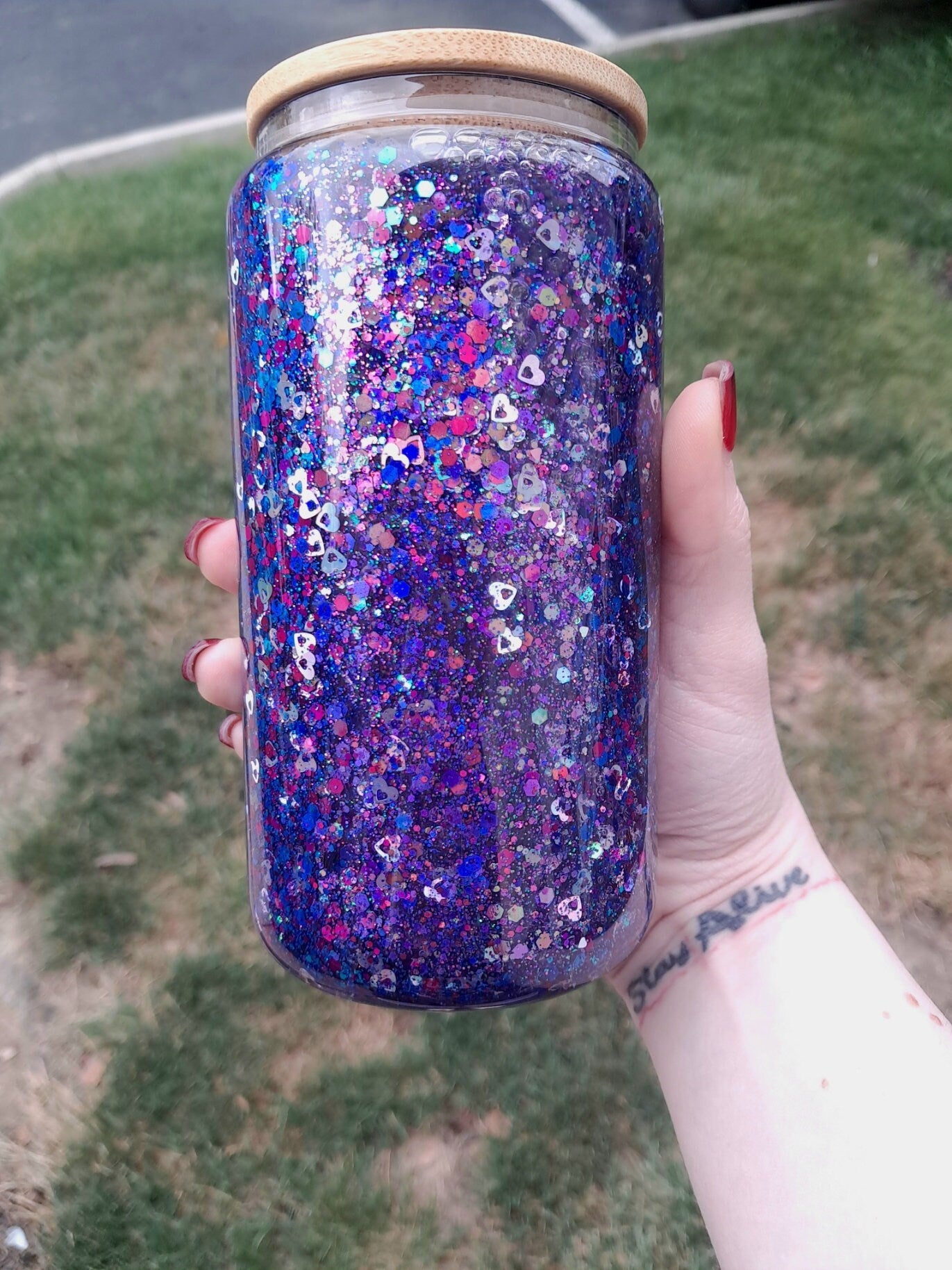 Red Blue Color Shift and Silver Heart Snowglobe Tumbler, 12 oz Glass Glitter Filled Drink Cup With Bamboo Lid And Plastic Straw - Moon & Starr Handcrafted LLC