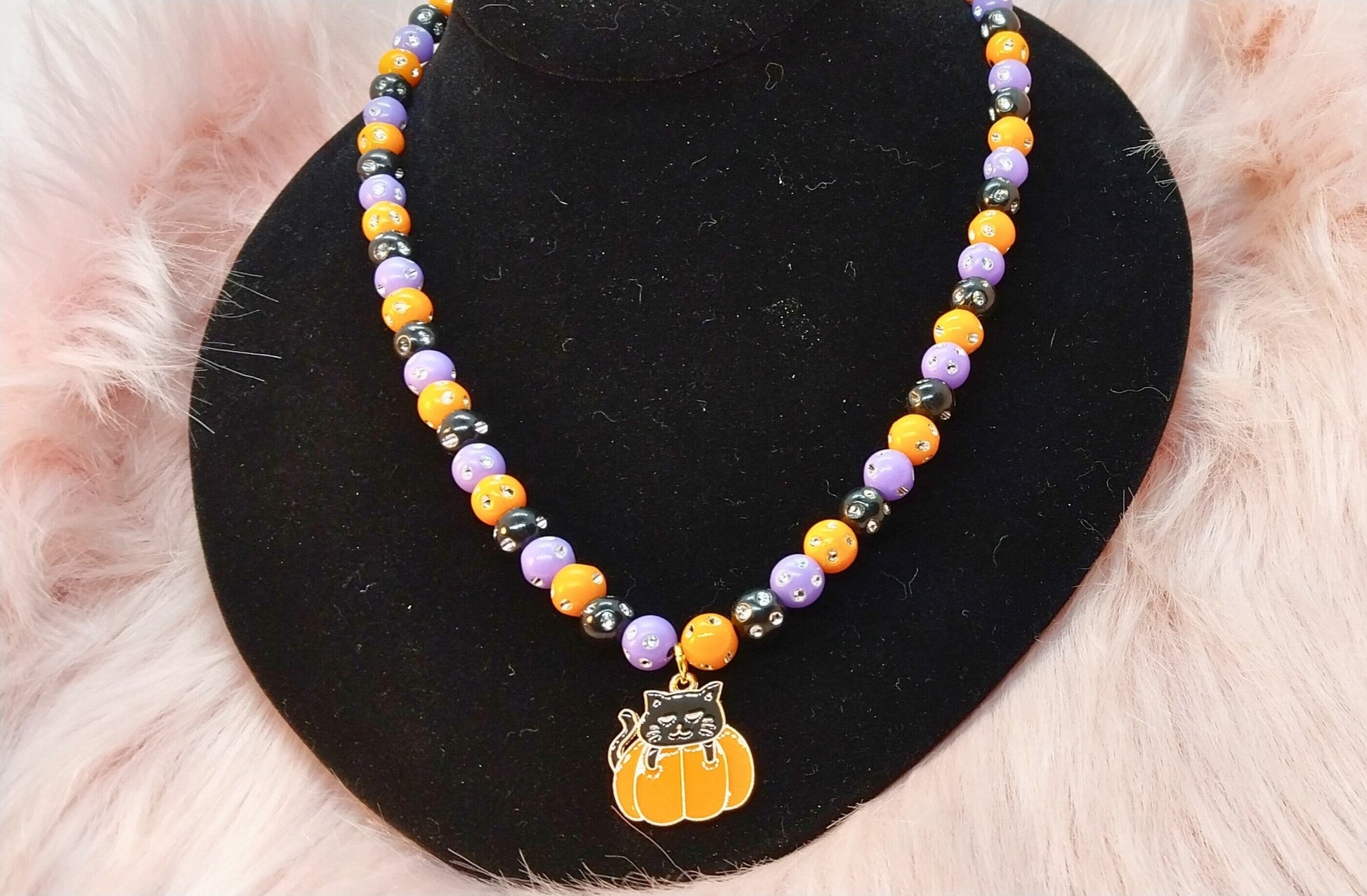 Sparkling Beaded Halloween Necklace With Cat In Pumpkin Charm For Women Gold Plated Steel Lobster Claw Closure - Moon & Starr Handcrafted Jewelry && More!