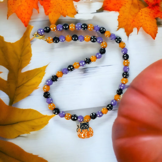 Sparkling Beaded Halloween Necklace With Cat In Pumpkin Charm For Women Gold Plated Steel Lobster Claw Closure - Moon & Starr Handcrafted Jewelry && More!