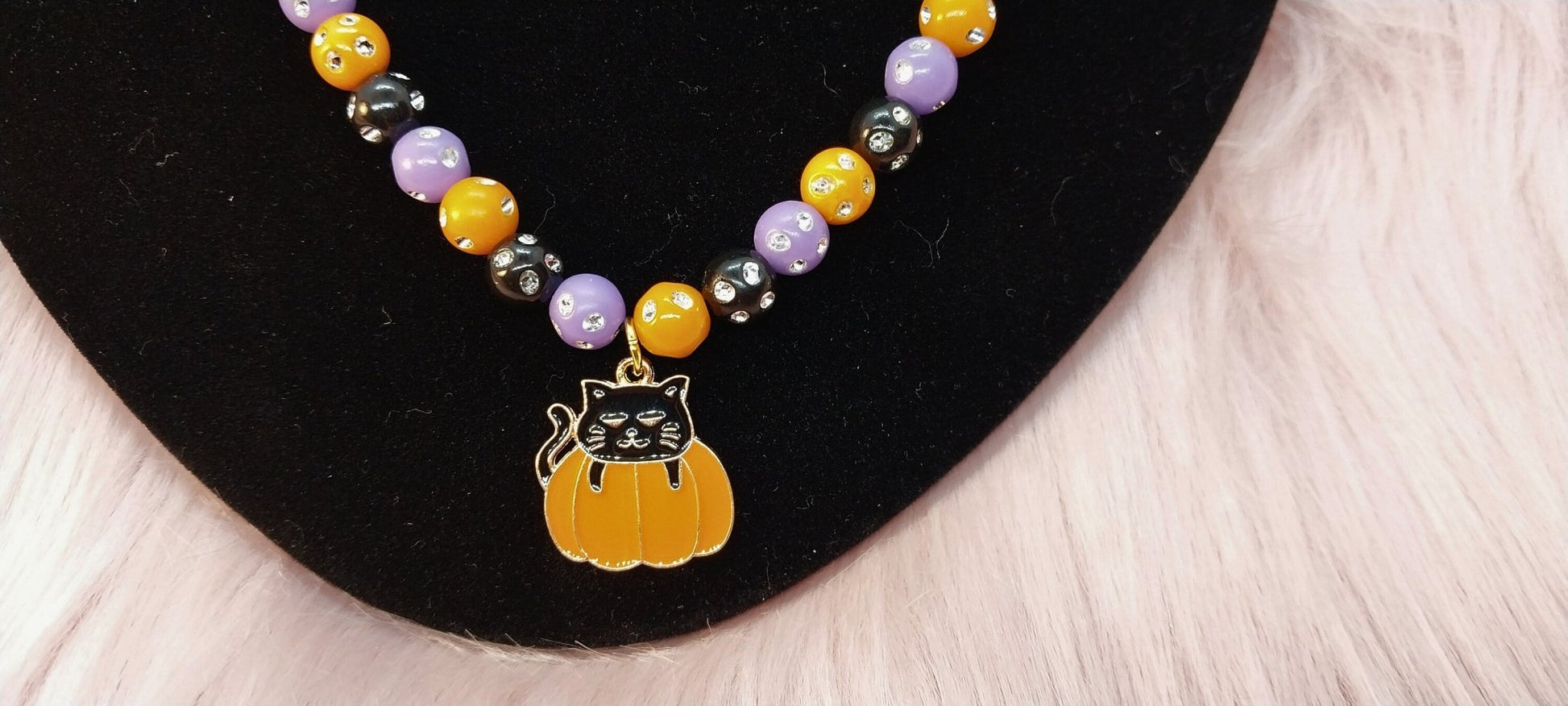 Sparkling Beaded Halloween Necklace With Cat In Pumpkin Charm For Women Gold Plated Steel Lobster Claw Closure - Moon & Starr Handcrafted Jewelry && More!