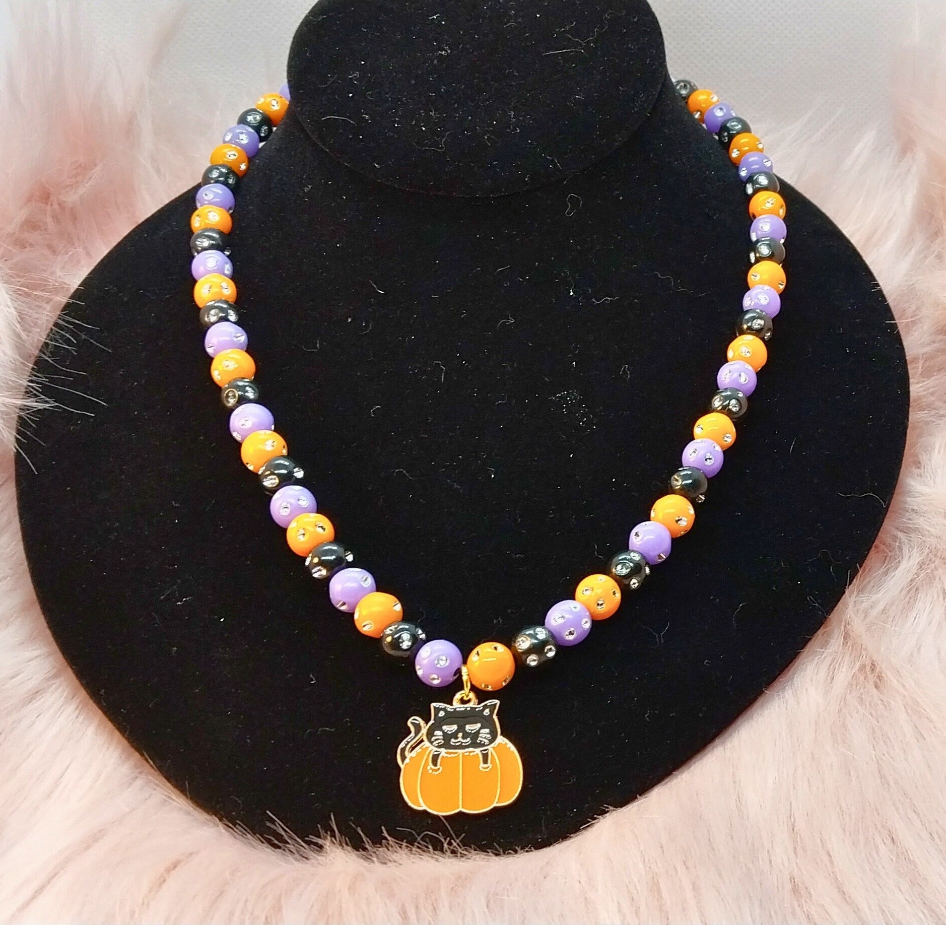 Sparkling Beaded Halloween Necklace With Cat In Pumpkin Charm For Women Gold Plated Steel Lobster Claw Closure - Moon & Starr Handcrafted Jewelry && More!