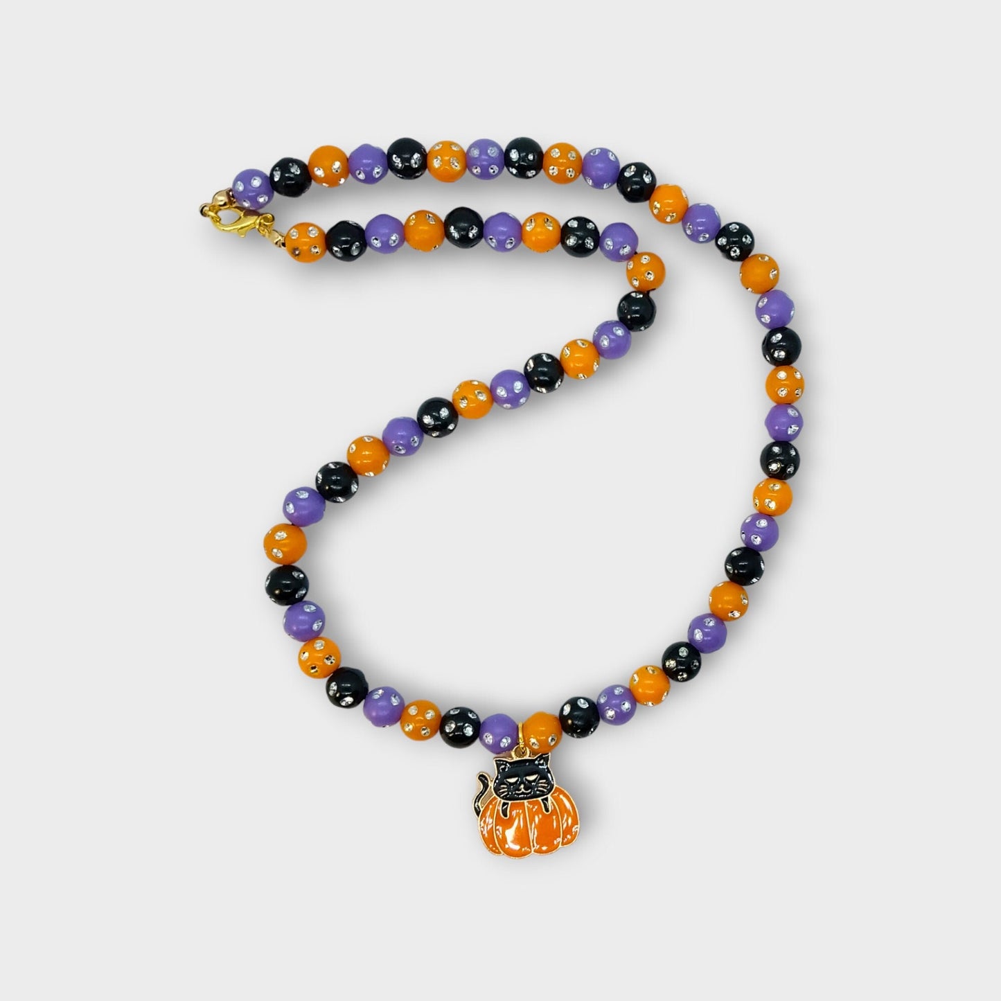 Sparkling Beaded Halloween Necklace With Cat In Pumpkin Charm For Women Gold Plated Steel Lobster Claw Closure - Moon & Starr Handcrafted Jewelry && More!