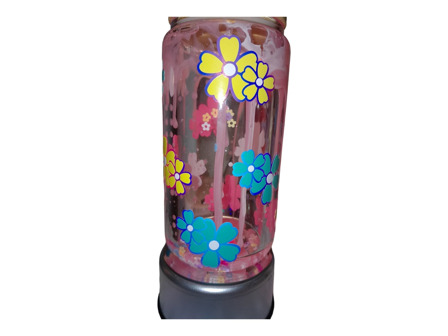 Springtime Flowers Pink Dripping Lava Lamp Tumbler With Falling Flowers Inside And Holographic Flowers Outside, 12 Oz Glass Libbey Can Cup - Moon & Starr Handcrafted Jewelry && More!