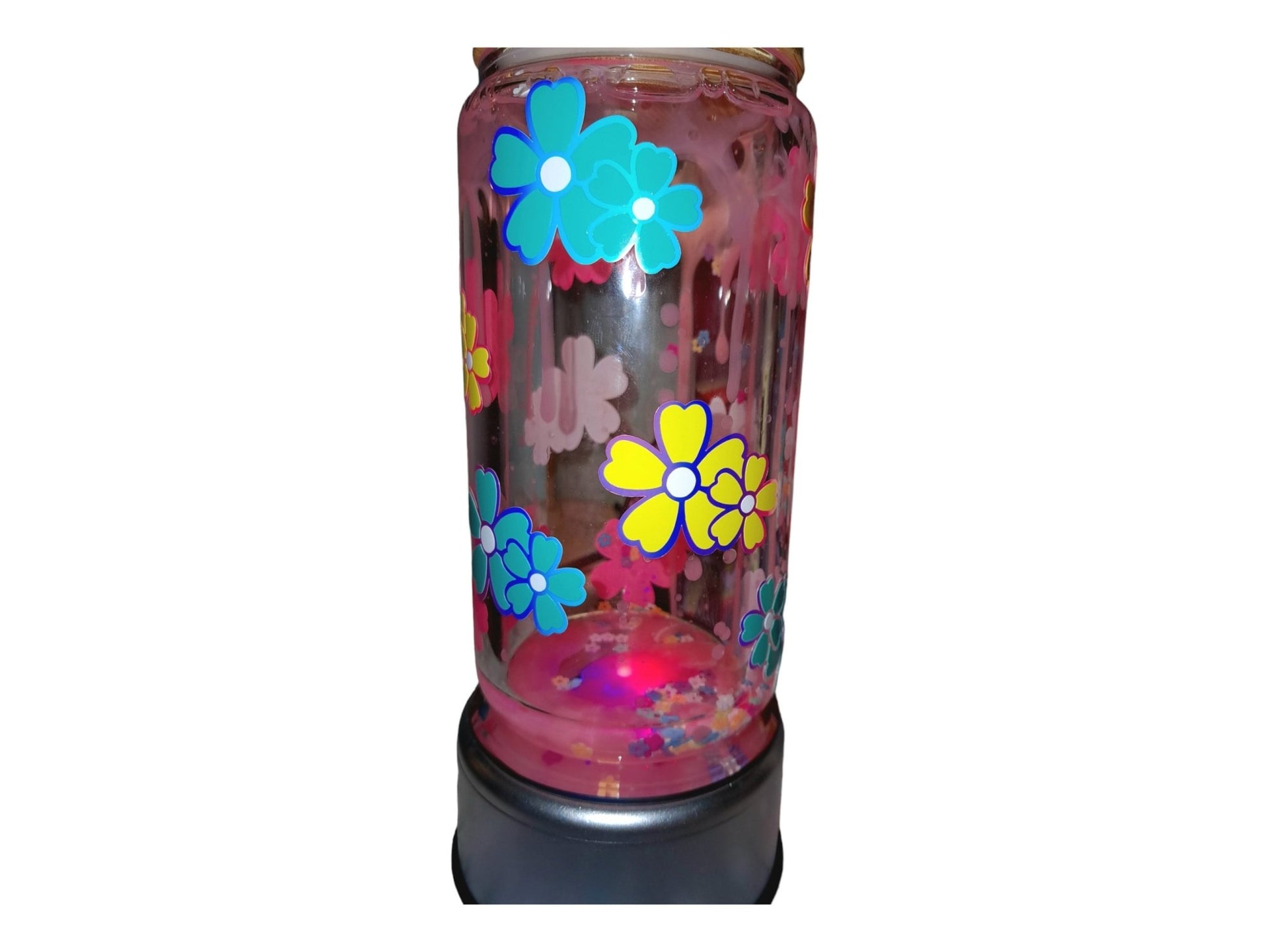 Springtime Flowers Pink Dripping Lava Lamp Tumbler With Falling Flowers Inside And Holographic Flowers Outside, 12 Oz Glass Libbey Can Cup - Moon & Starr Handcrafted Jewelry && More!