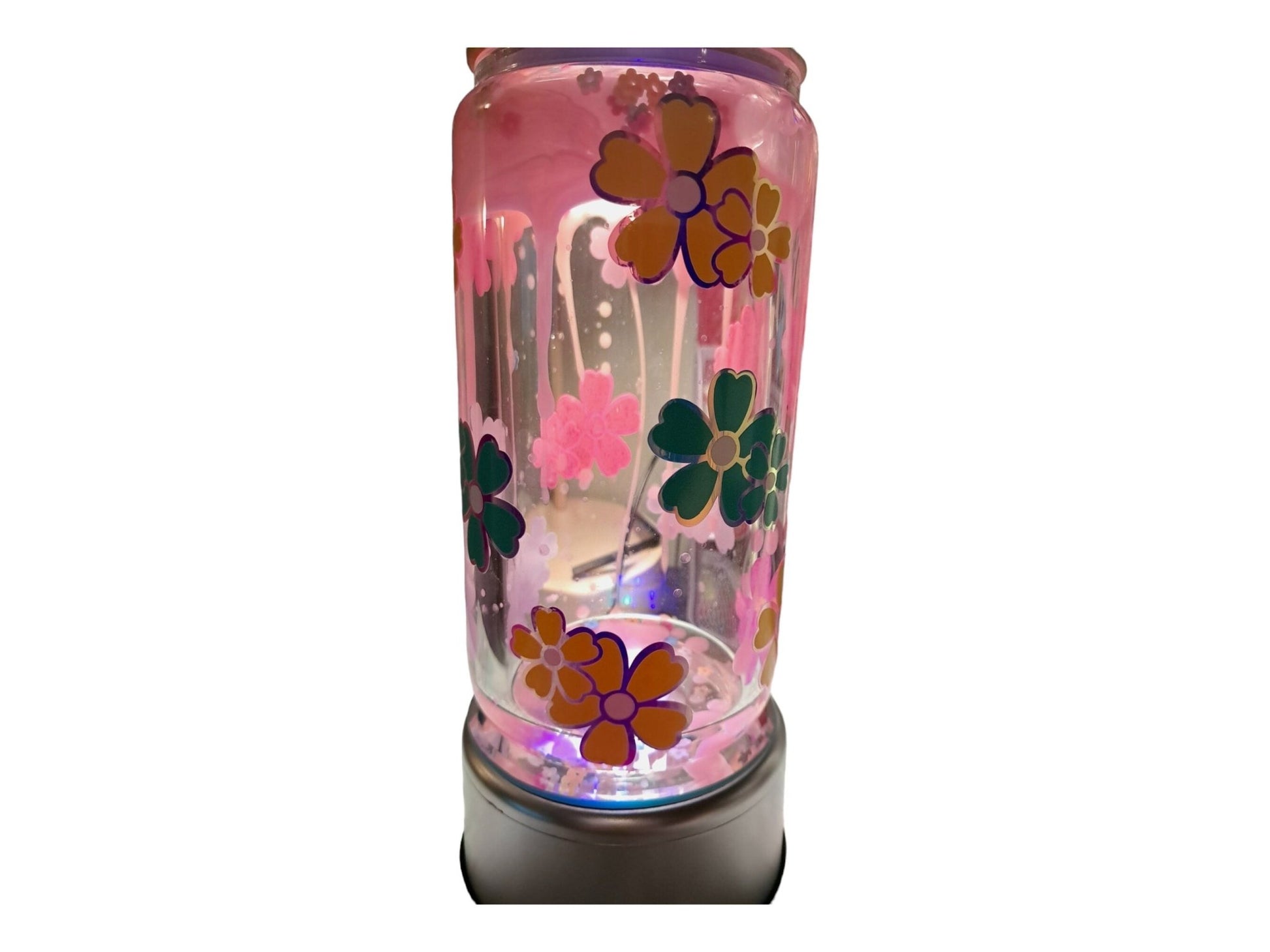 Springtime Flowers Pink Dripping Lava Lamp Tumbler With Falling Flowers Inside And Holographic Flowers Outside, 12 Oz Glass Libbey Can Cup - Moon & Starr Handcrafted Jewelry && More!