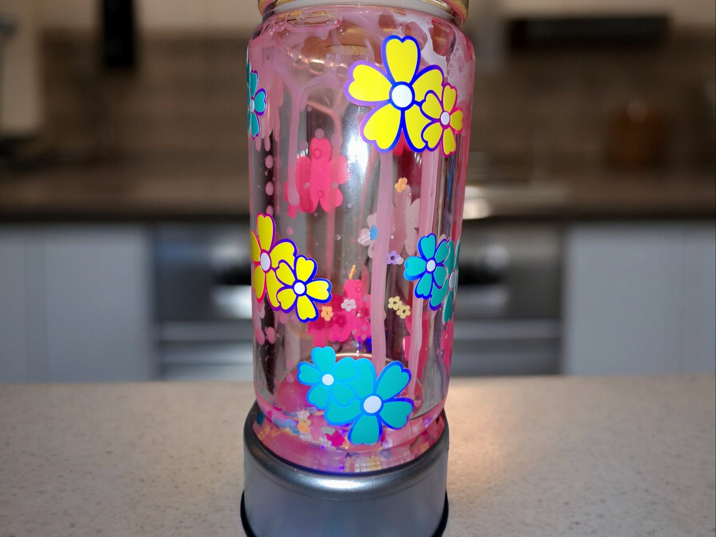 Springtime Flowers Pink Dripping Lava Lamp Tumbler With Falling Flowers Inside And Holographic Flowers Outside, 12 Oz Glass Libbey Can Cup - Moon & Starr Handcrafted Jewelry && More!