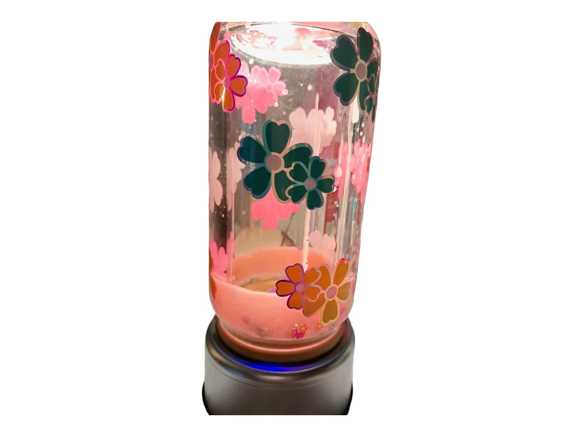 Springtime Flowers Pink Dripping Lava Lamp Tumbler With Falling Flowers Inside And Holographic Flowers Outside, 12 Oz Glass Libbey Can Cup - Moon & Starr Handcrafted Jewelry && More!