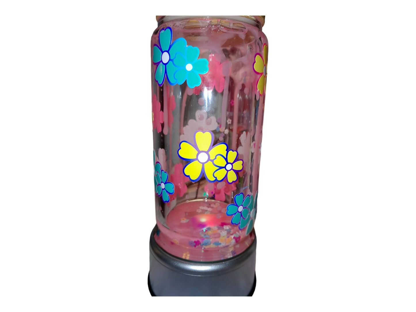 Springtime Flowers Pink Dripping Lava Lamp Tumbler With Falling Flowers Inside And Holographic Flowers Outside, 12 Oz Glass Libbey Can Cup - Moon & Starr Handcrafted Jewelry && More!