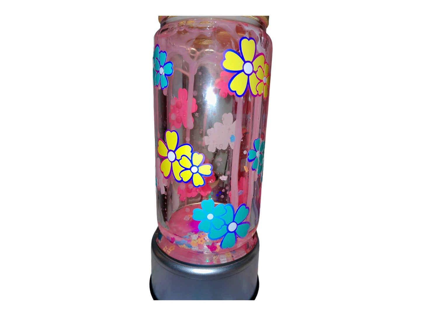 Springtime Flowers Pink Dripping Lava Lamp Tumbler With Falling Flowers Inside And Holographic Flowers Outside, 12 Oz Glass Libbey Can Cup - Moon & Starr Handcrafted Jewelry && More!