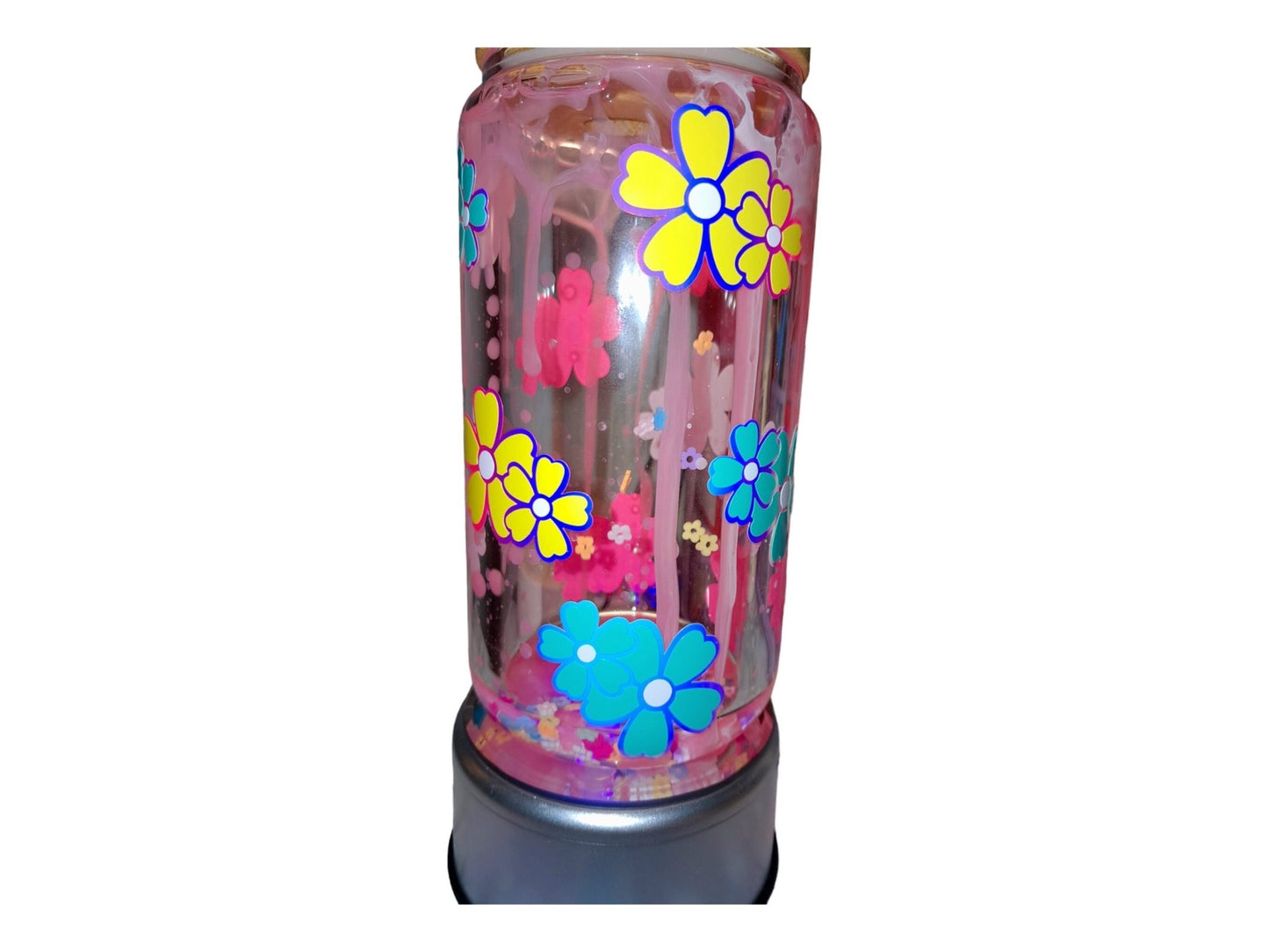 Springtime Flowers Pink Dripping Lava Lamp Tumbler With Falling Flowers Inside And Holographic Flowers Outside, 12 Oz Glass Libbey Can Cup - Moon & Starr Handcrafted Jewelry && More!