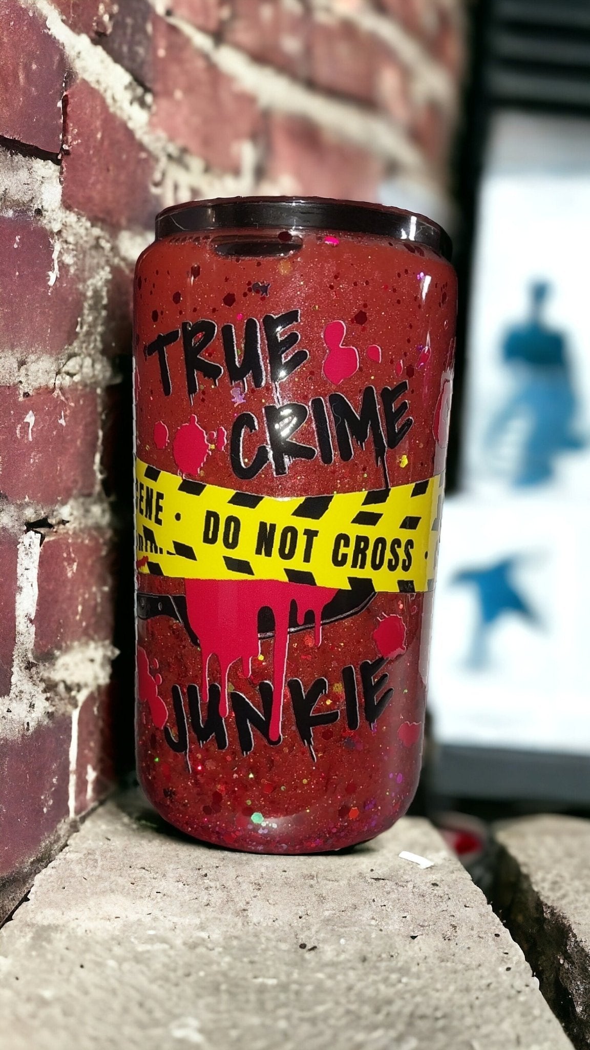 True Crime Junkie 12 oz Glass Can Snowglobe Tumbler, Medium Flow, Bamboo Lid and Plastic or Metal Straw - Moon & Starr Handcrafted Jewelry && More!