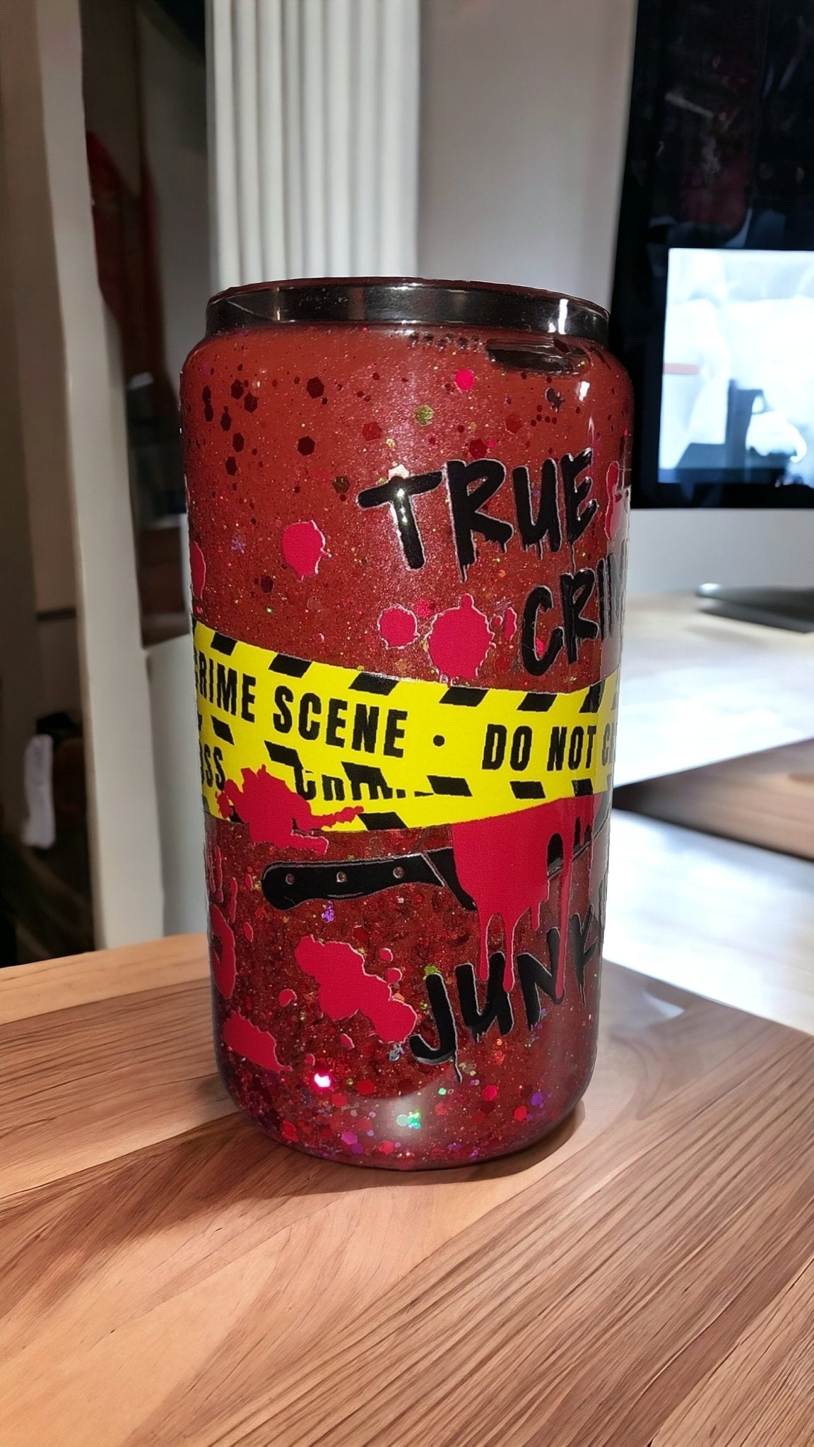 True Crime Junkie 12 oz Glass Can Snowglobe Tumbler, Medium Flow, Bamboo Lid and Plastic or Metal Straw - Moon & Starr Handcrafted Jewelry && More!