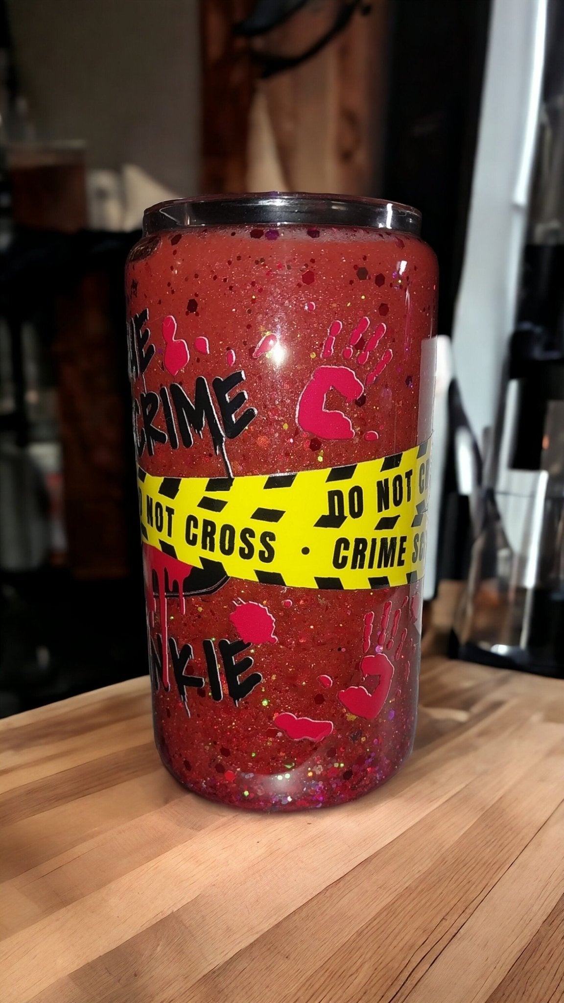 True Crime Junkie 12 oz Glass Can Snowglobe Tumbler, Medium Flow, Bamboo Lid and Plastic or Metal Straw - Moon & Starr Handcrafted Jewelry && More!