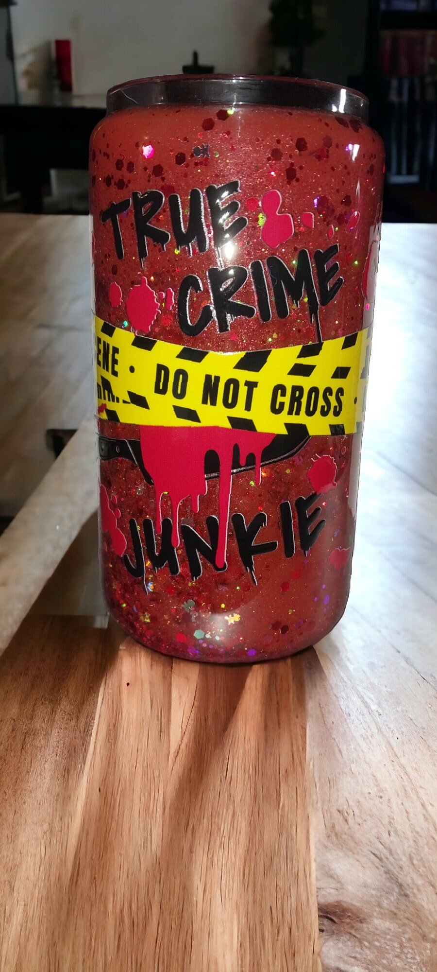 True Crime Junkie 12 oz Glass Can Snowglobe Tumbler, Medium Flow, Bamboo Lid and Plastic or Metal Straw - Moon & Starr Handcrafted Jewelry && More!