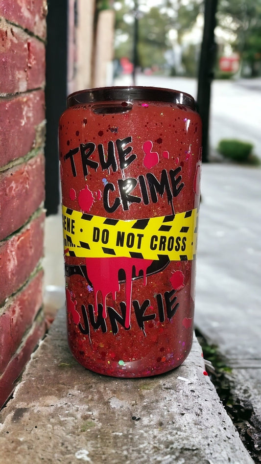 True Crime Junkie 12 oz Glass Can Snowglobe Tumbler, Medium Flow, Bamboo Lid and Plastic or Metal Straw - Moon & Starr Handcrafted Jewelry && More!