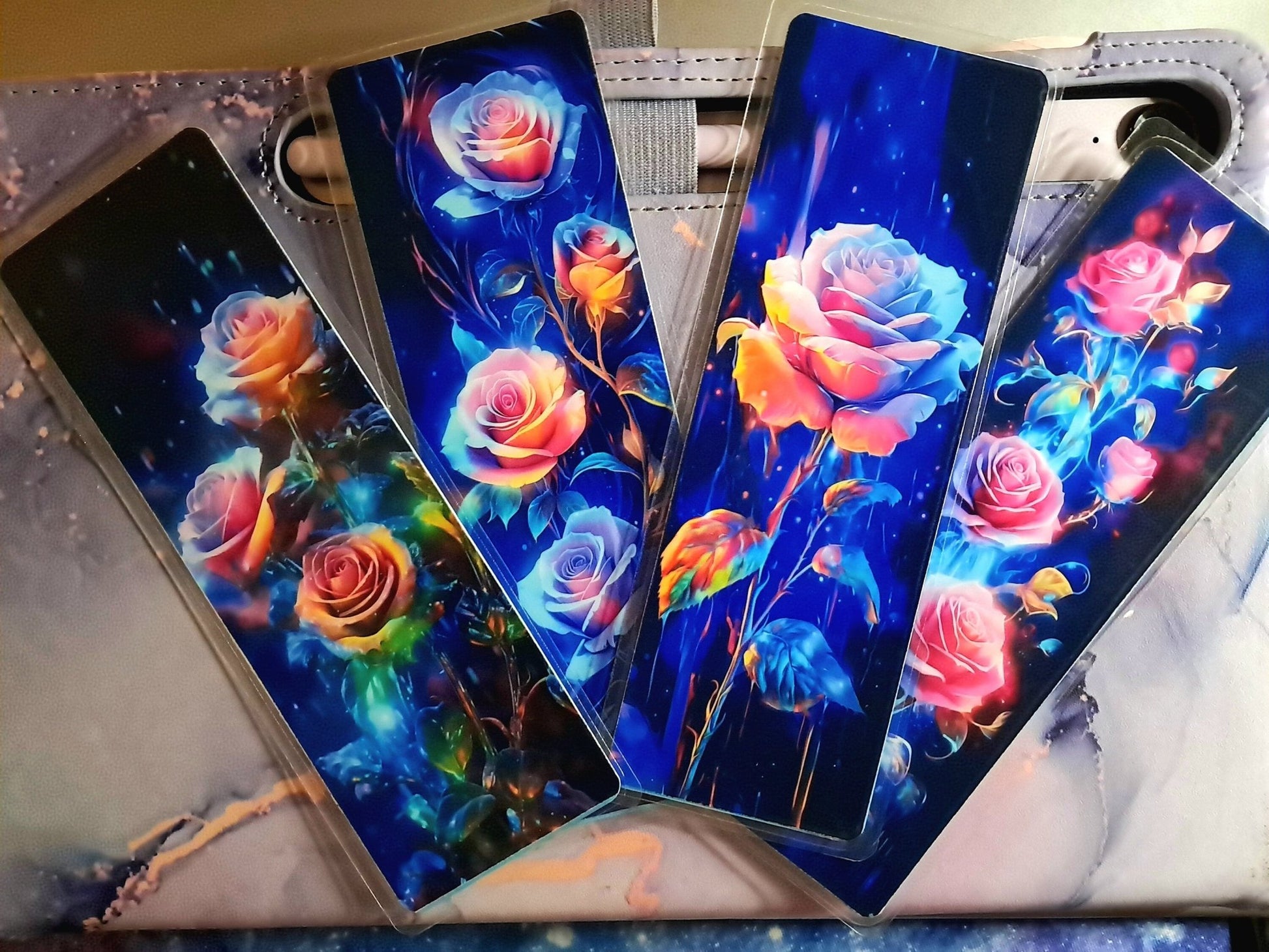 Vibrant Neon Rose Photo Laminated Bookmarks, 2 in x 6 in with blue cardstock backing, waterproof and tear proof, made to order - Moon & Starr Handcrafted LLC