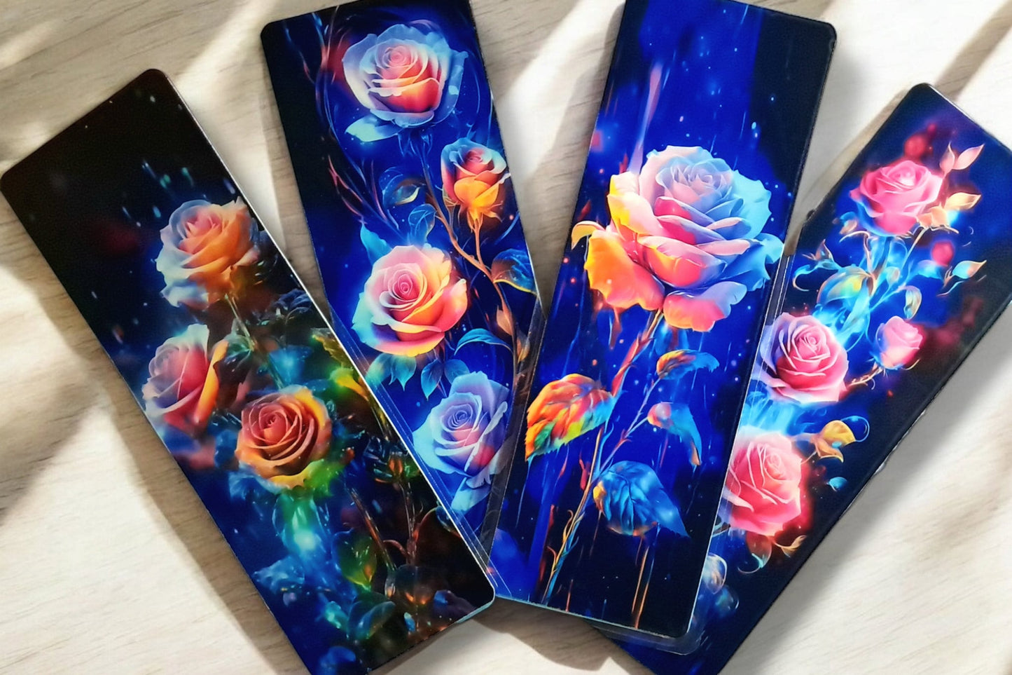 Vibrant Neon Rose Photo Laminated Bookmarks, 2 in x 6 in with blue cardstock backing, waterproof and tear proof, made to order - Moon & Starr Handcrafted LLC