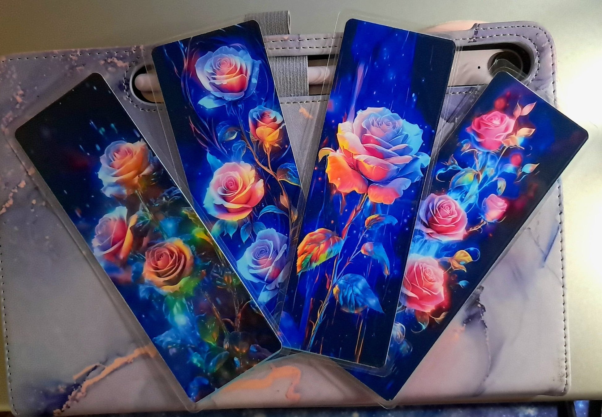 Vibrant Neon Rose Photo Laminated Bookmarks, 2 in x 6 in with blue cardstock backing, waterproof and tear proof, made to order - Moon & Starr Handcrafted LLC