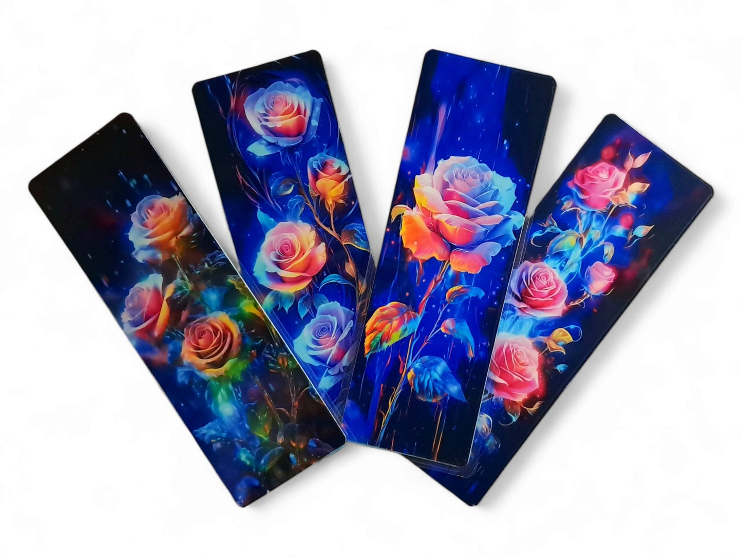 Vibrant Neon Rose Photo Laminated Bookmarks, 2 in x 6 in with blue cardstock backing, waterproof and tear proof, made to order - Moon & Starr Handcrafted LLC