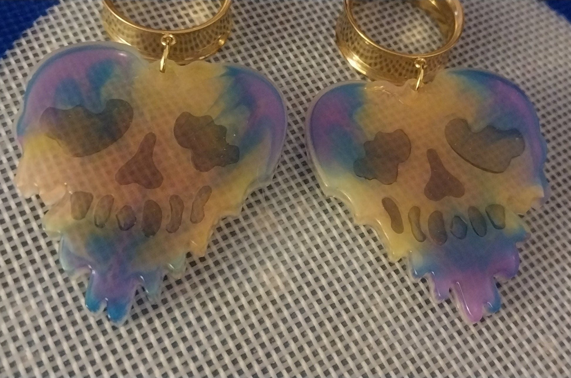 1" (25 MM) Gold Screw Back Tunnels- Tie Dye Rainbow Skeleton Heart Dangles, Tunnels, Gauges, Screw Back Tunnels, Gift for her, 25 MM Gauges - Moon & Starr Handcrafted Jewelry && More!