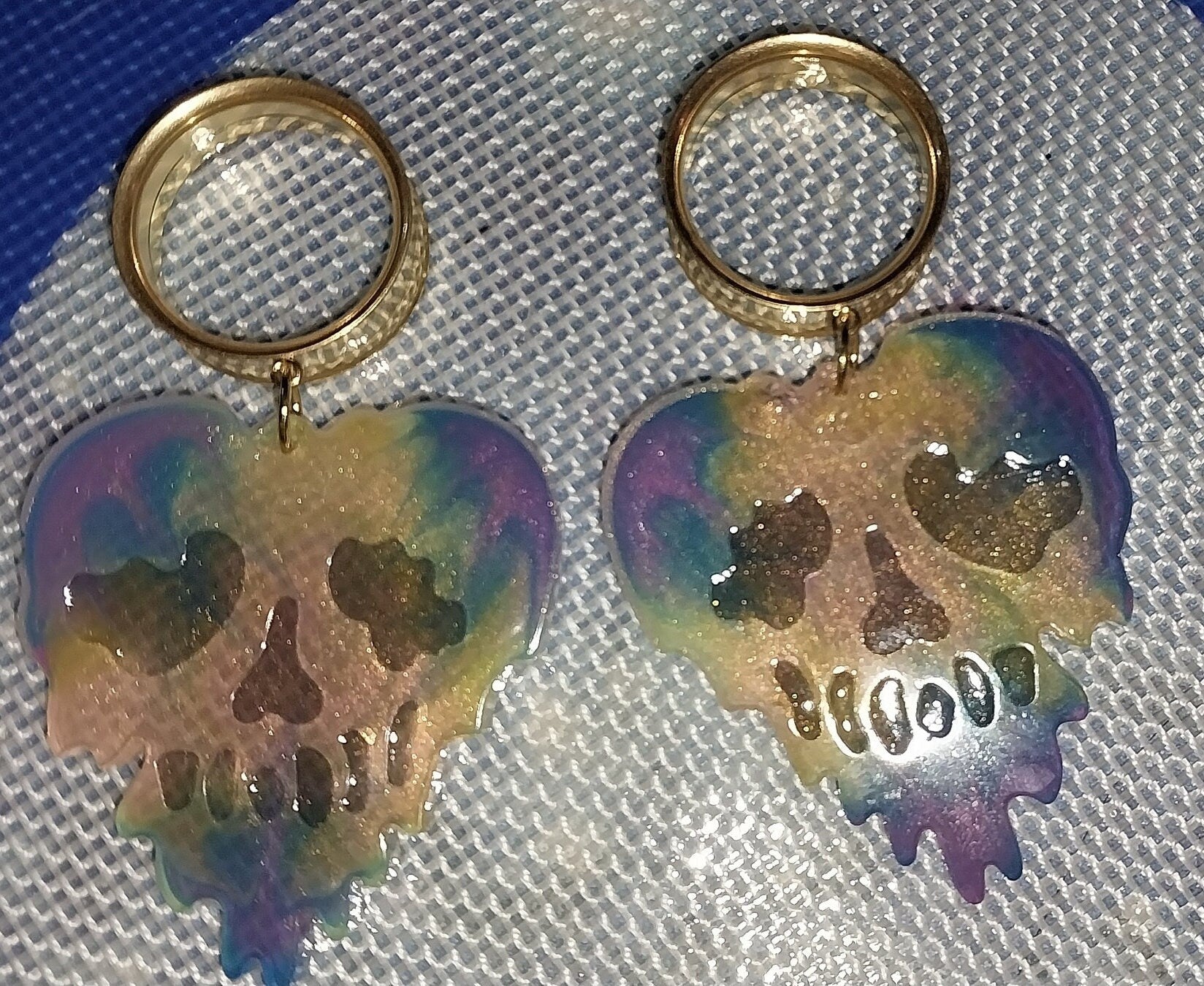 1" (25 MM) Gold Screw Back Tunnels- Tie Dye Rainbow Skeleton Heart Dangles, Tunnels, Gauges, Screw Back Tunnels, Gift for her, 25 MM Gauges - Moon & Starr Handcrafted Jewelry && More!