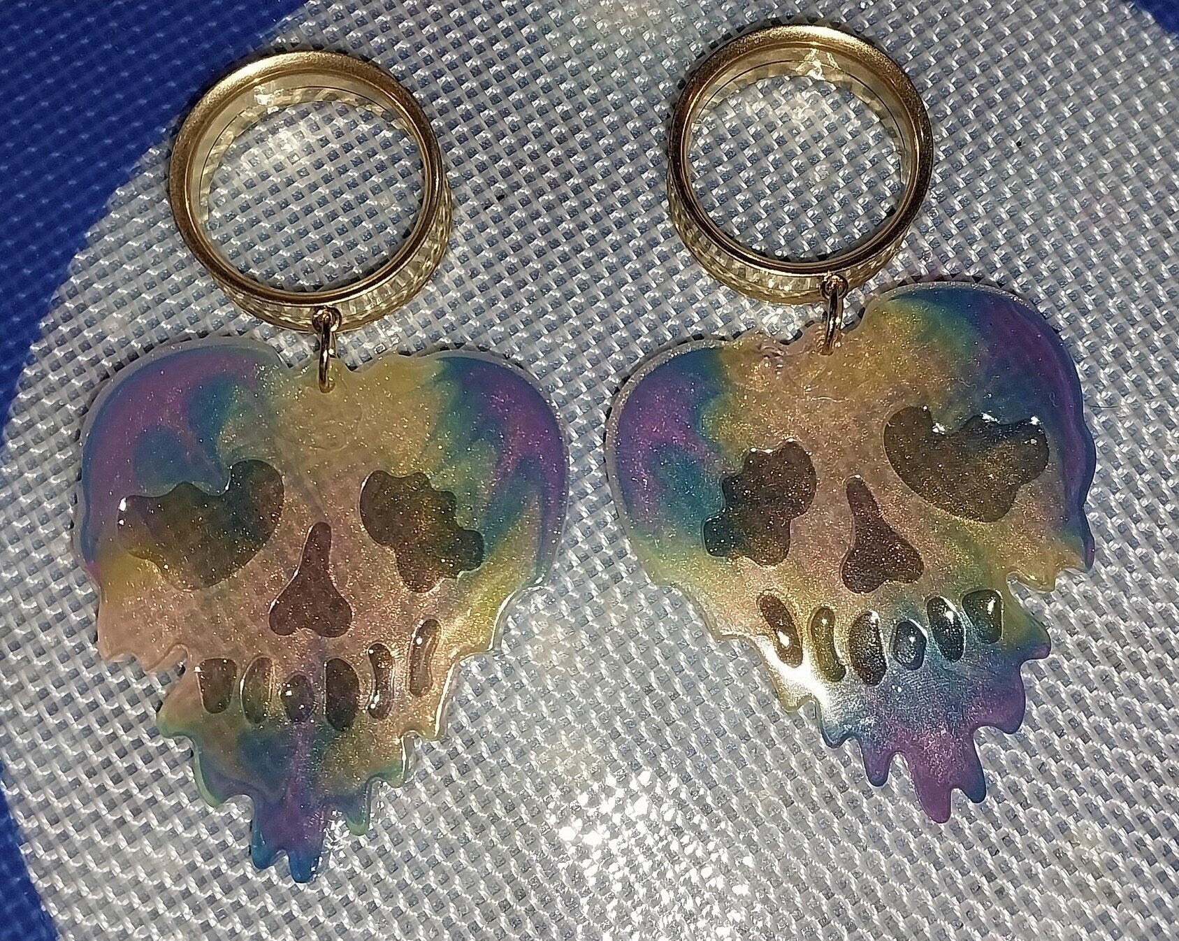 1" (25 MM) Gold Screw Back Tunnels- Tie Dye Rainbow Skeleton Heart Dangles, Tunnels, Gauges, Screw Back Tunnels, Gift for her, 25 MM Gauges - Moon & Starr Handcrafted Jewelry && More!