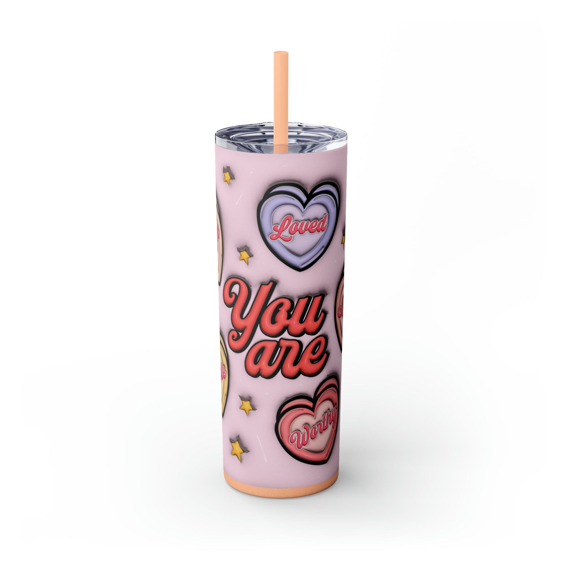 3D Affirmations Conversation Hearts Skinny Tumbler with Straw, 20oz - Moon & Starr Handcrafted Jewelry && More!