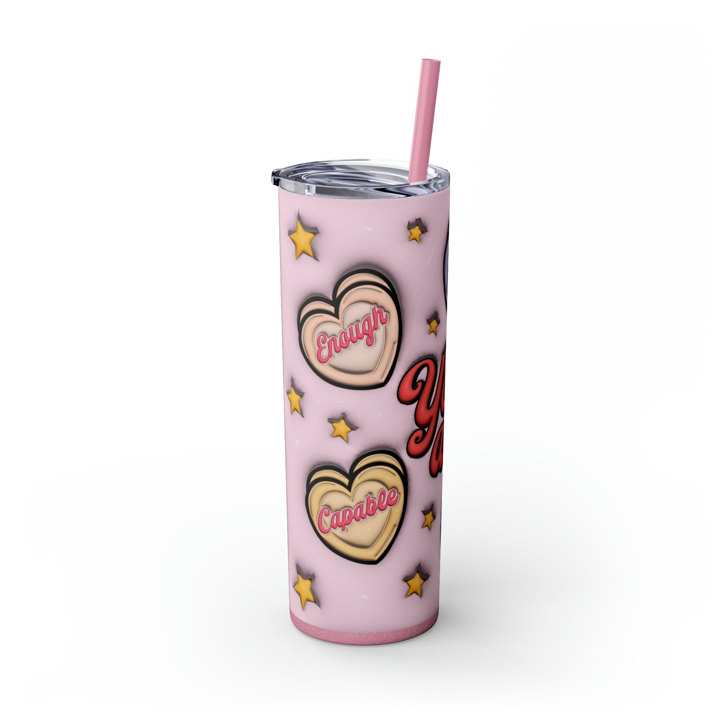 3D Affirmations Conversation Hearts Skinny Tumbler with Straw, 20oz - Moon & Starr Handcrafted Jewelry && More!