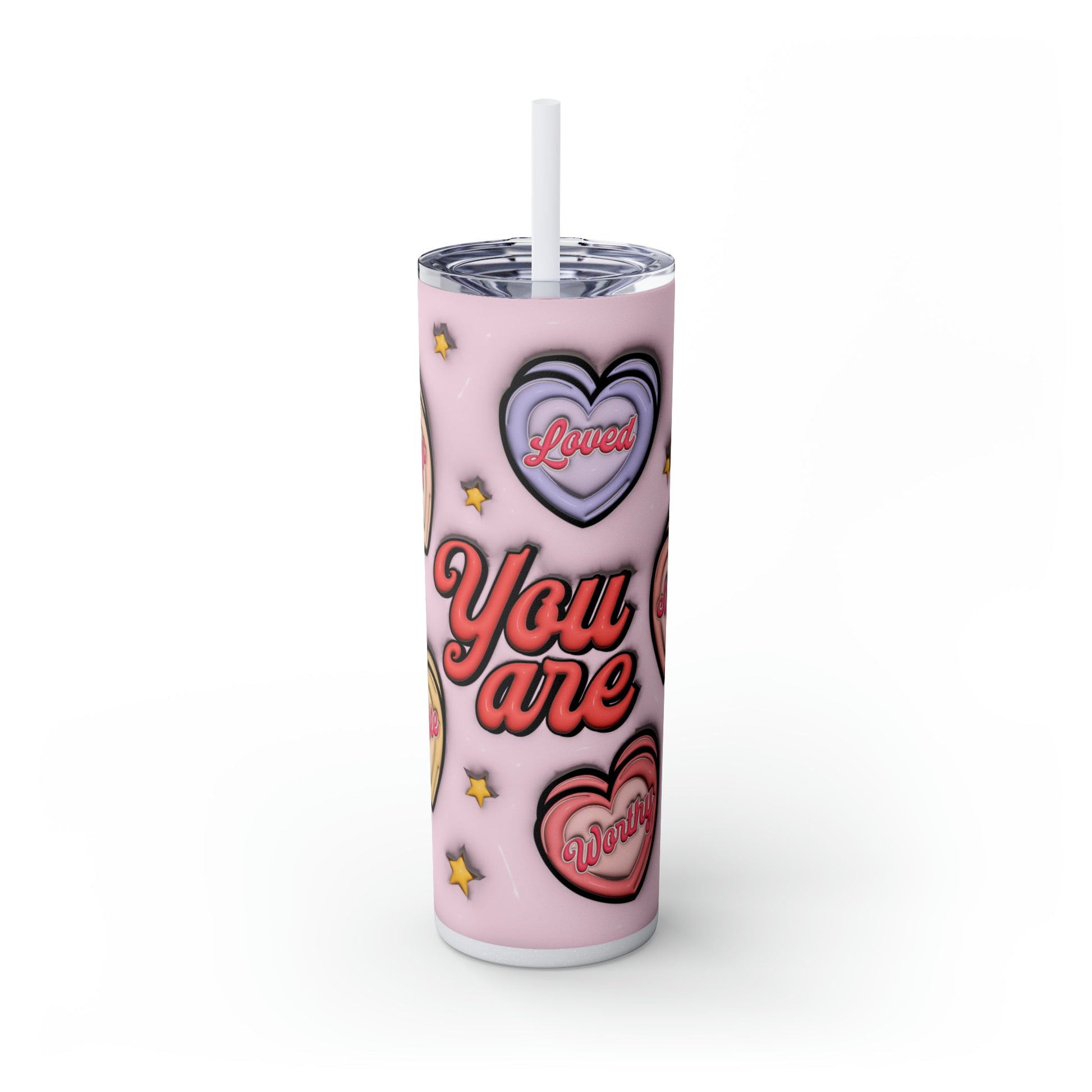 3D Affirmations Conversation Hearts Skinny Tumbler with Straw, 20oz - Moon & Starr Handcrafted Jewelry && More!