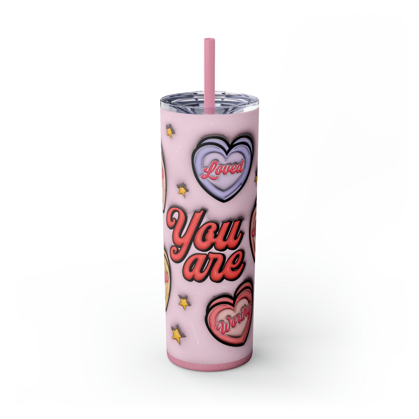 3D Affirmations Conversation Hearts Skinny Tumbler with Straw, 20oz - Moon & Starr Handcrafted Jewelry && More!