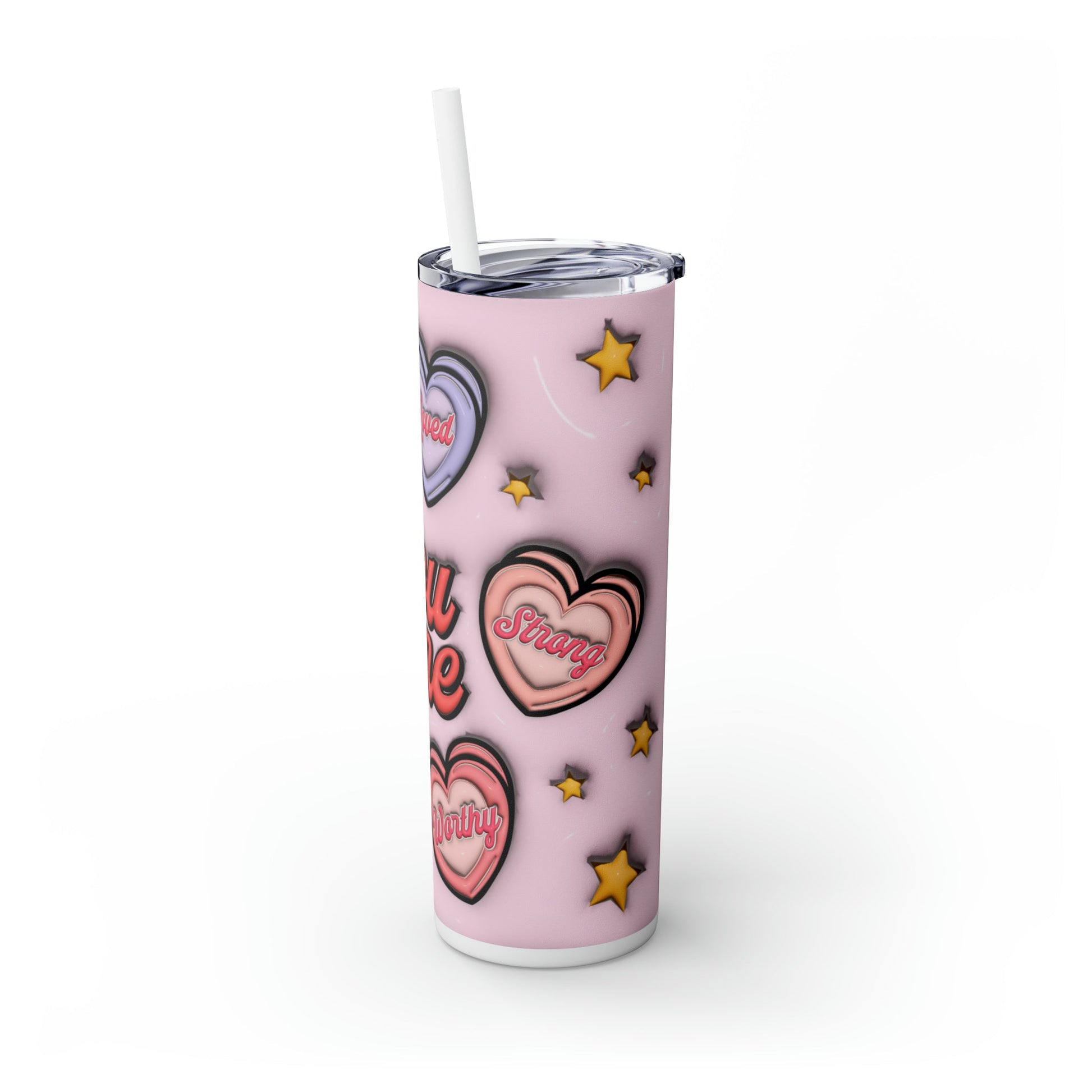 3D Affirmations Conversation Hearts Skinny Tumbler with Straw, 20oz - Moon & Starr Handcrafted Jewelry && More!