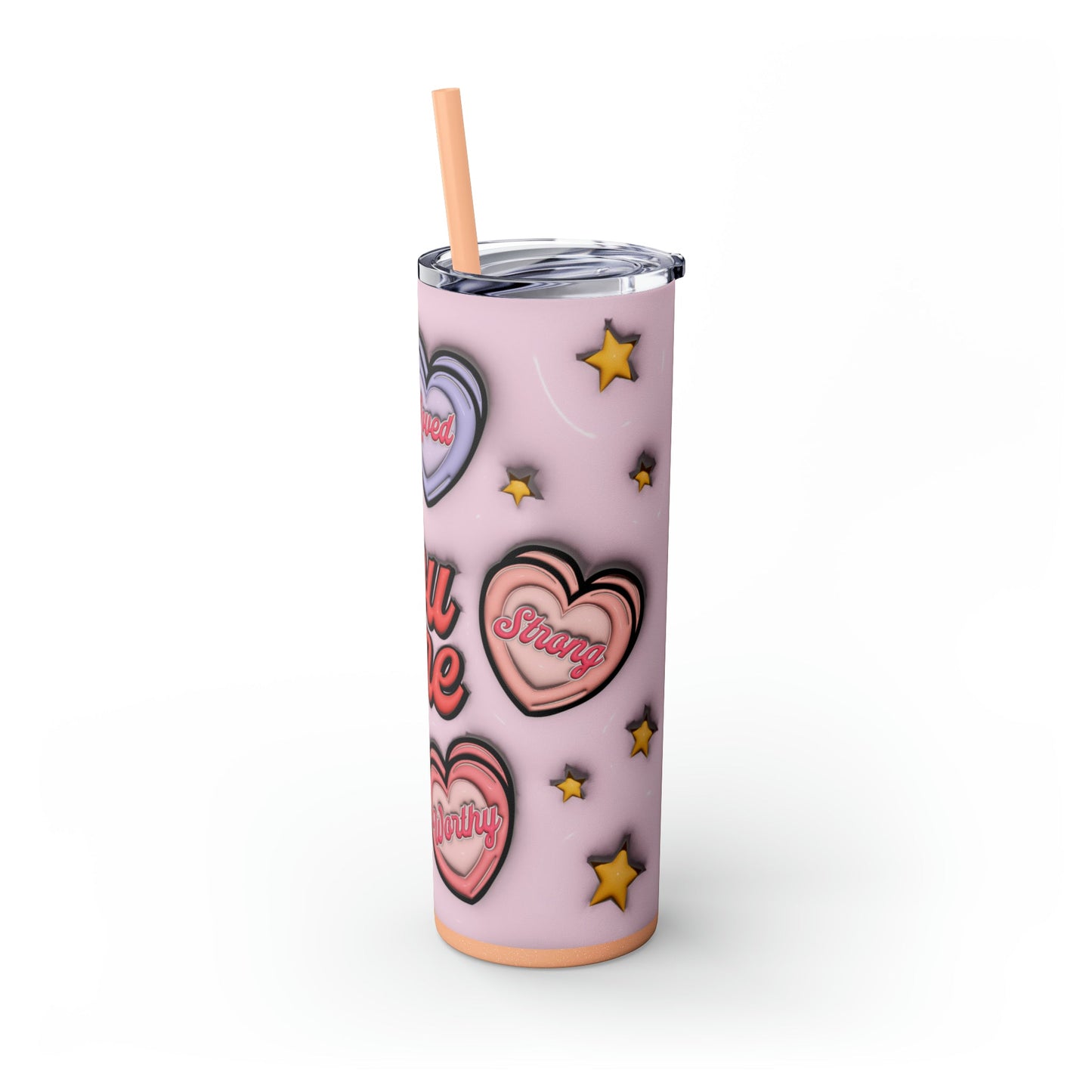 3D Affirmations Conversation Hearts Skinny Tumbler with Straw, 20oz - Moon & Starr Handcrafted Jewelry && More!