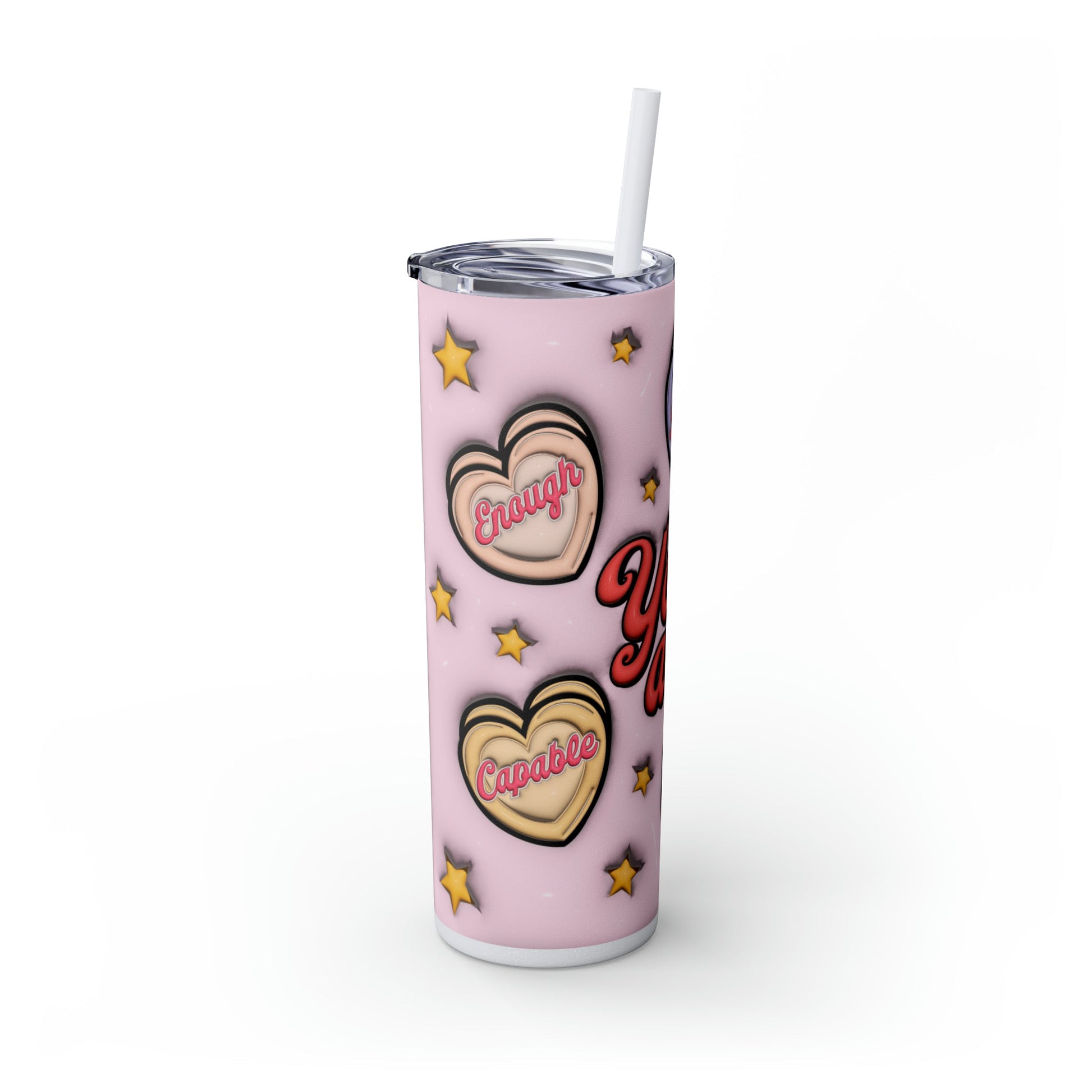 3D Affirmations Conversation Hearts Skinny Tumbler with Straw, 20oz - Moon & Starr Handcrafted Jewelry && More!