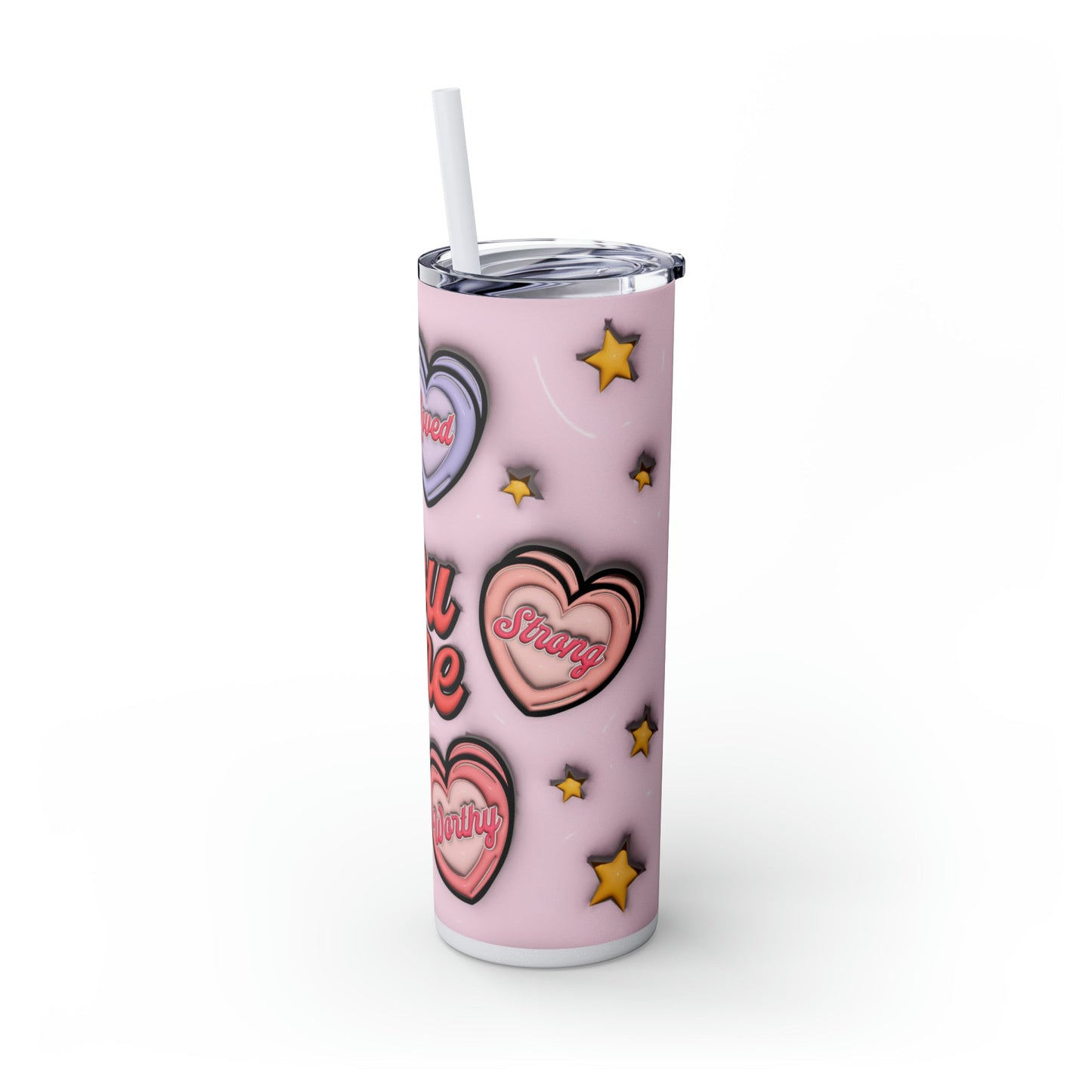 3D Affirmations Conversation Hearts Skinny Tumbler with Straw, 20oz - Moon & Starr Handcrafted Jewelry && More!