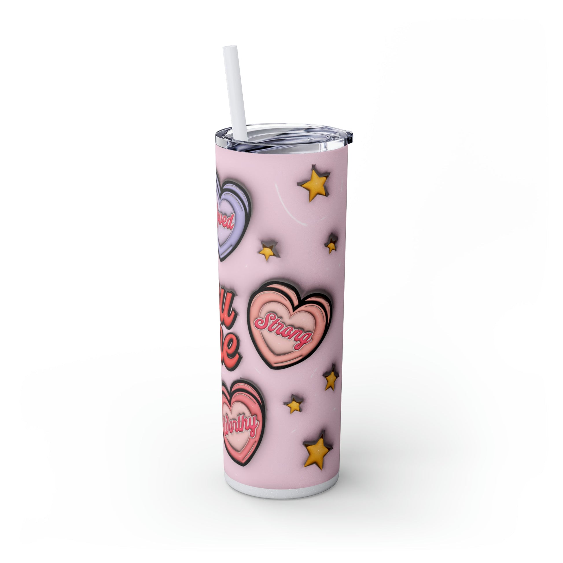 3D Affirmations Conversation Hearts Skinny Tumbler with Straw, 20oz - Moon & Starr Handcrafted Jewelry && More!