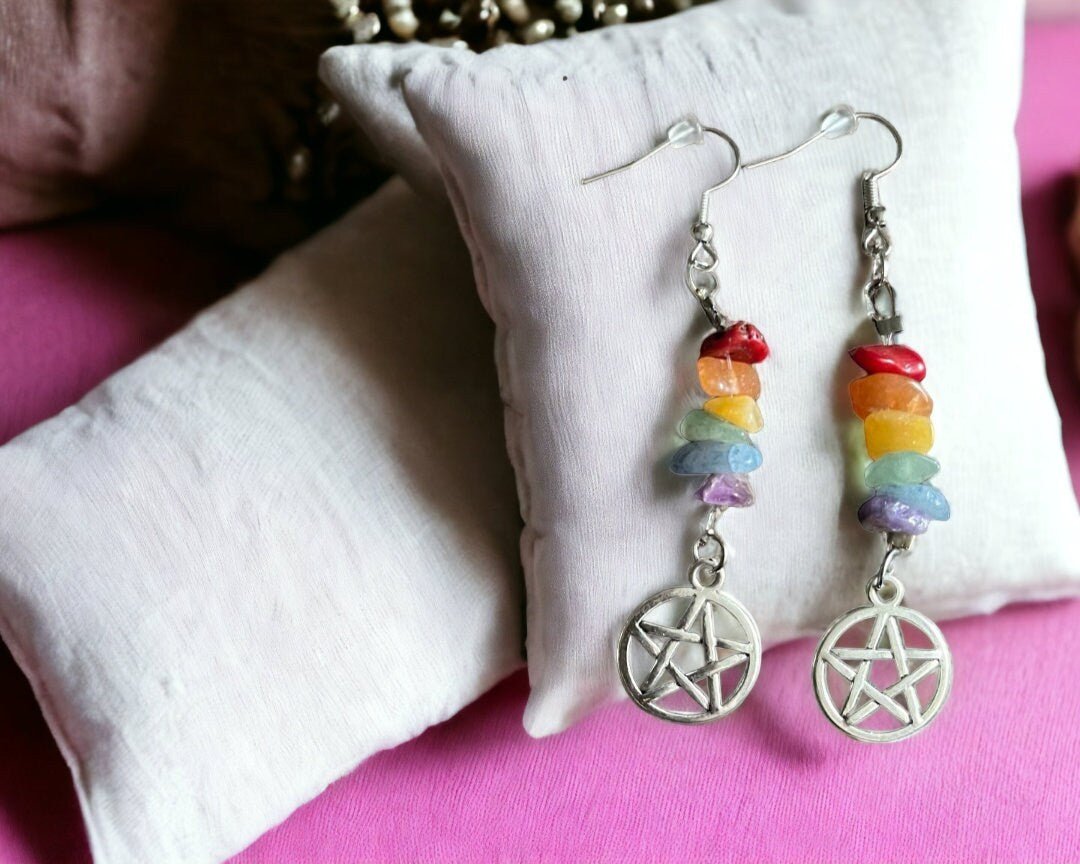 Beaded Earrings- Rainbow Crystal Pentacle, Drilled Crystal Beads and Charm Earrings, Gifts for her, Earrings for women, Witchy Jewelry - Moon & Starr Handcrafted Jewelry && More!