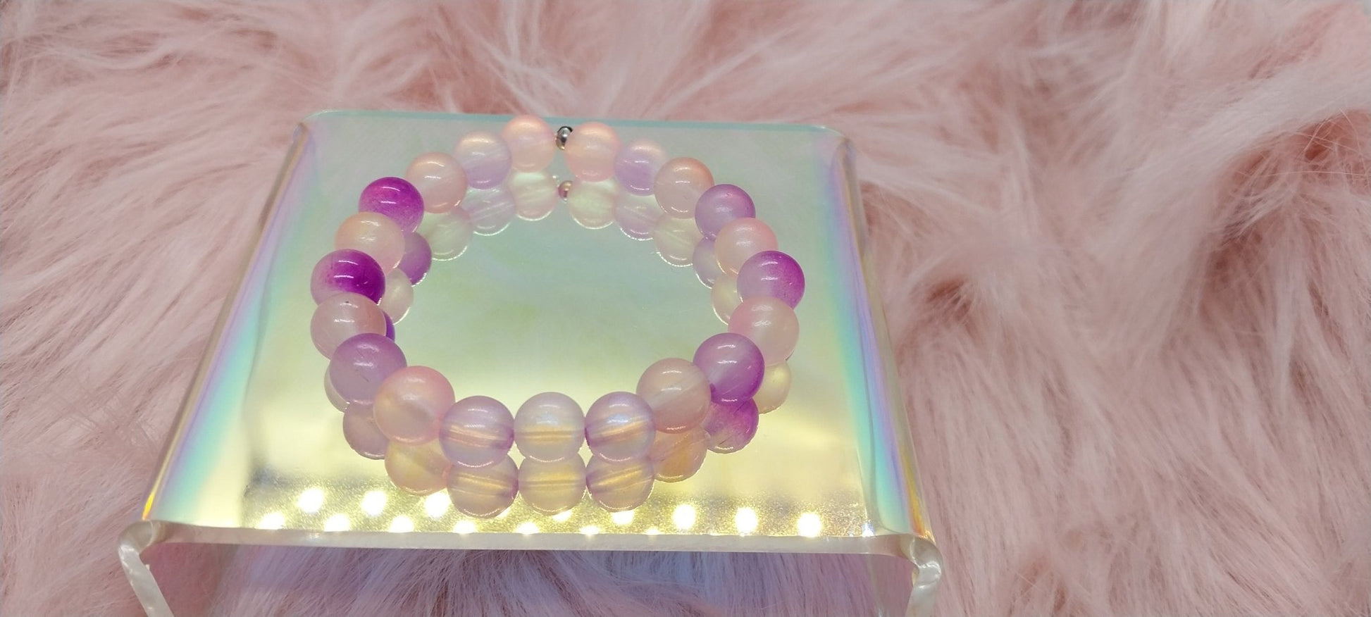 Beaded Stretchy Bracelet for Small Wrists, Gifts for Her, Bracelets for Women and Girls, Pink And Purple Glass Beads And Glow Beads, unique - Moon & Starr Handcrafted Jewelry && More!