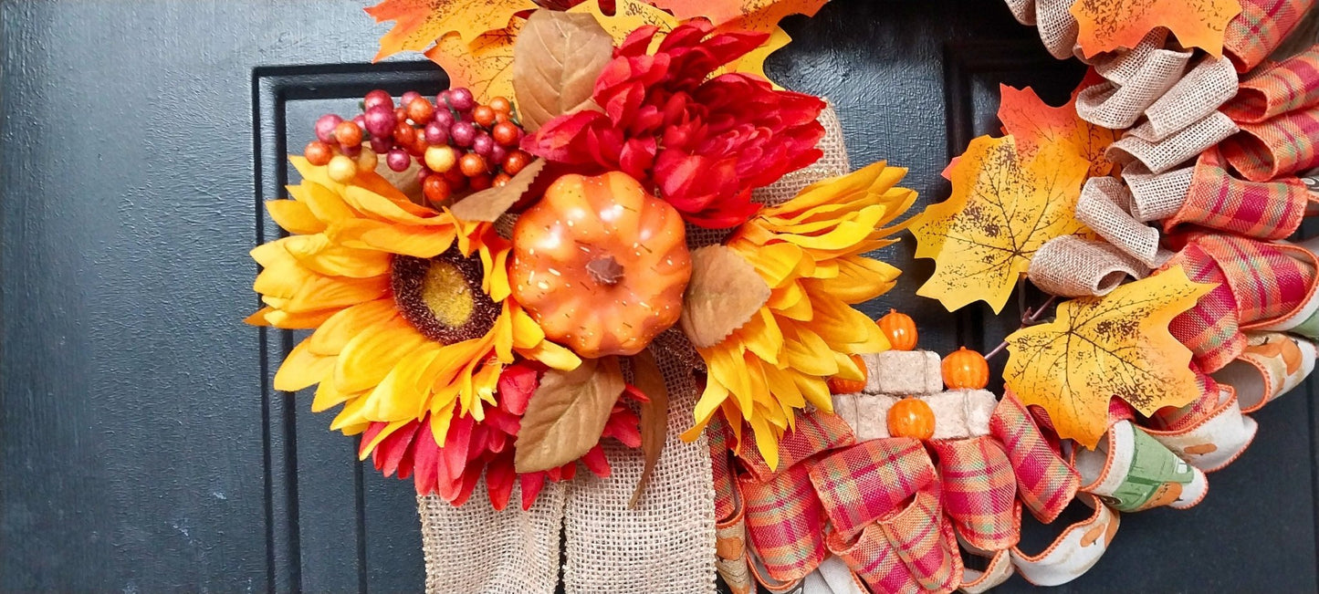 Country Farmhouse Autumn Leaves Hay Bales & Pumpkins Busy Festive Fall Wreath For Front Door Decoration - Moon & Starr Handcrafted Jewelry && More!