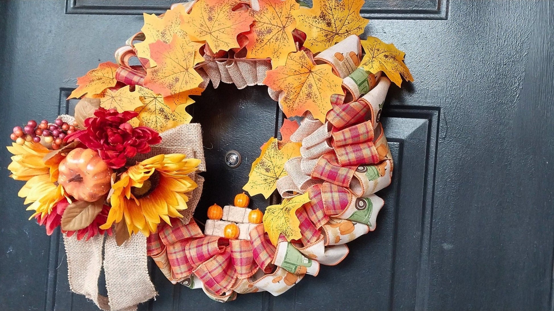 Country Farmhouse Autumn Leaves Hay Bales & Pumpkins Busy Festive Fall Wreath For Front Door Decoration - Moon & Starr Handcrafted Jewelry && More!