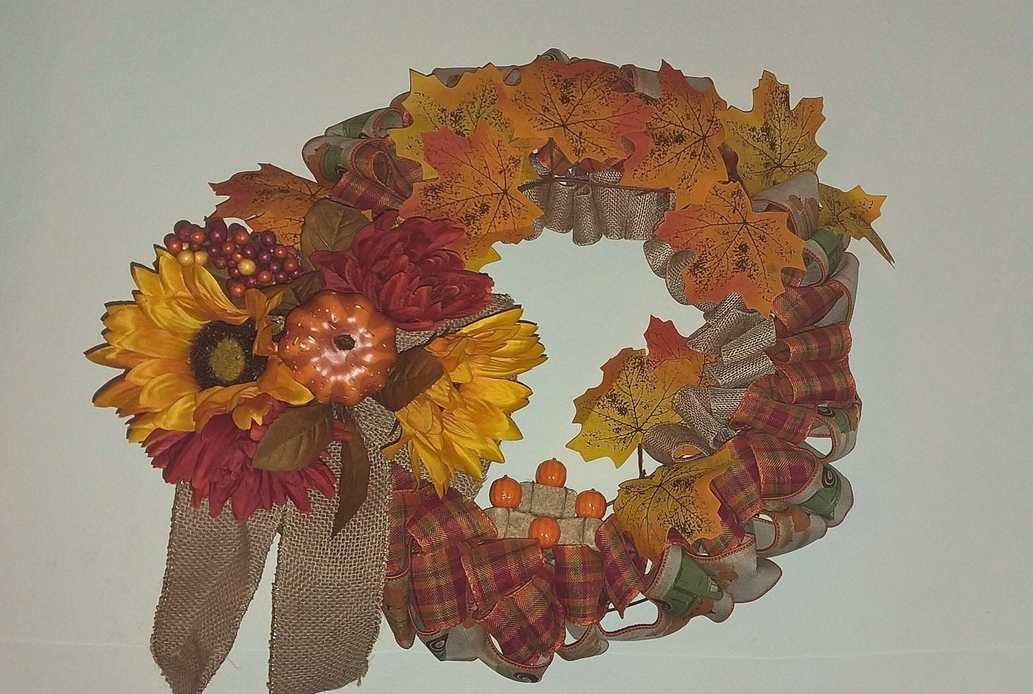 Country Farmhouse Autumn Leaves Hay Bales & Pumpkins Busy Festive Fall Wreath For Front Door Decoration - Moon & Starr Handcrafted Jewelry && More!