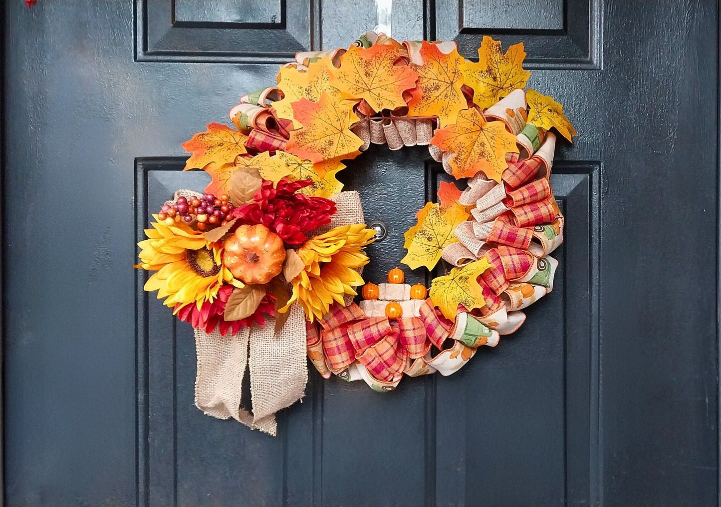 Country Farmhouse Autumn Leaves Hay Bales & Pumpkins Busy Festive Fall Wreath For Front Door Decoration - Moon & Starr Handcrafted Jewelry && More!